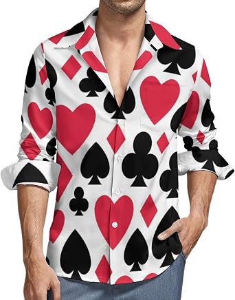Playing Card Suit Casino Pattern Shirt Casual Button Down Shirts Long Sleeve Shirt Dress Shirt, X-Large, Style