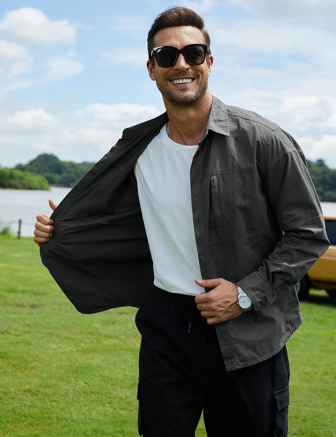 Eisctnd Men's Long Sleeve Tactical Work Shirts, Outdoor Casual Button Down Shirt with Zipper Pockets for Hiking, Safari - Image 5