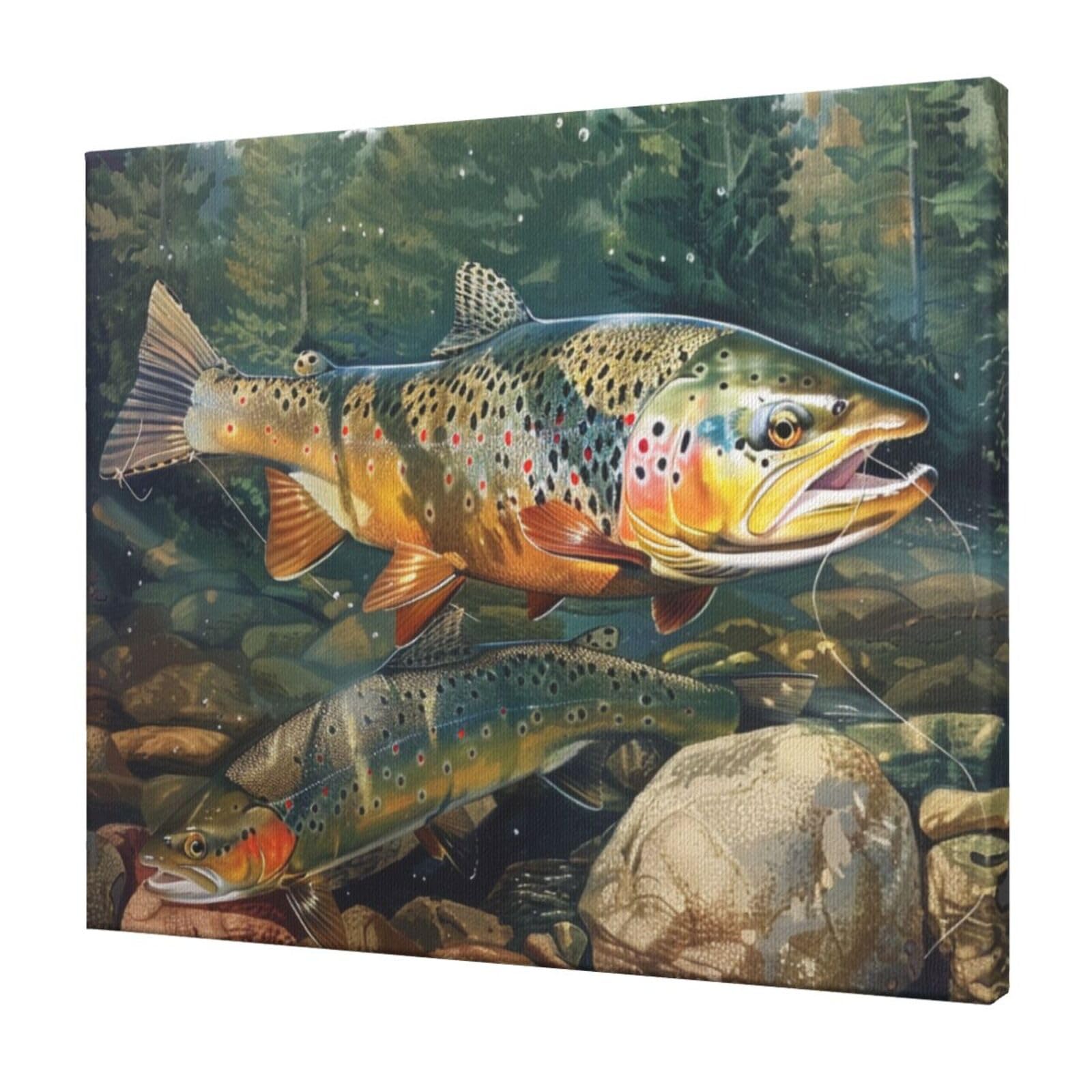 YKLJG Brook Trout Fly Fishing Printed Wall Art Canvas Prints 60x50 CM Wooden Framed Picture Painting Artwork for Bedroom Kitchen Home Office Decor