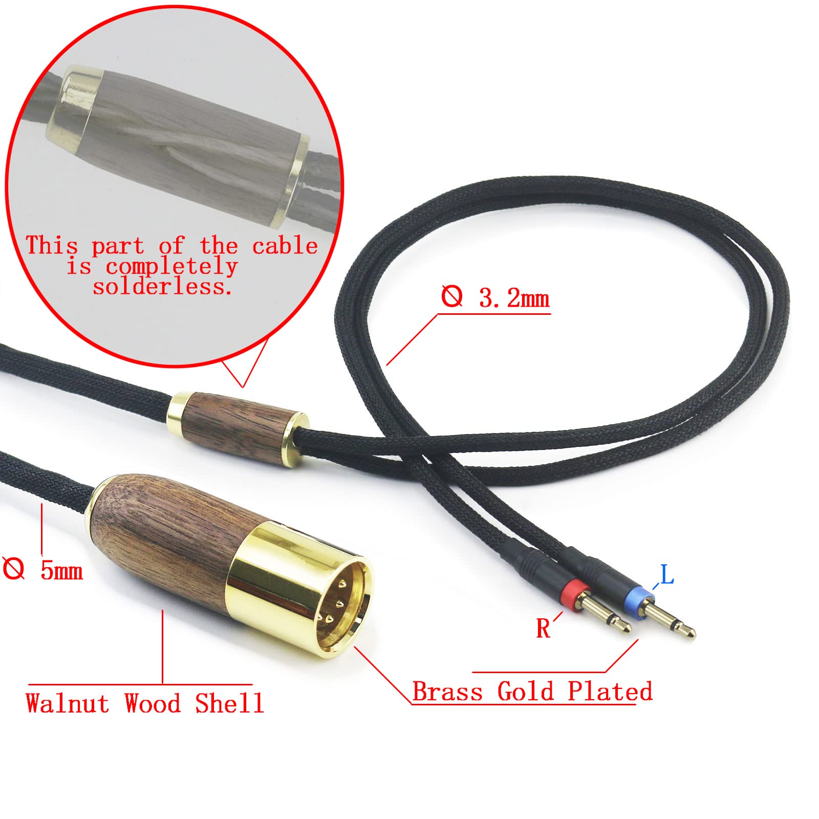 Cavo bilanciato XLR a 4 pin 6N OCC rame placcato argento cavo guscio in legno noce compatibile con Monolith M1060, M1060C, M565, M565, per cuffie AudioQuest NightHawk (versione 2 x 2,5 mm)