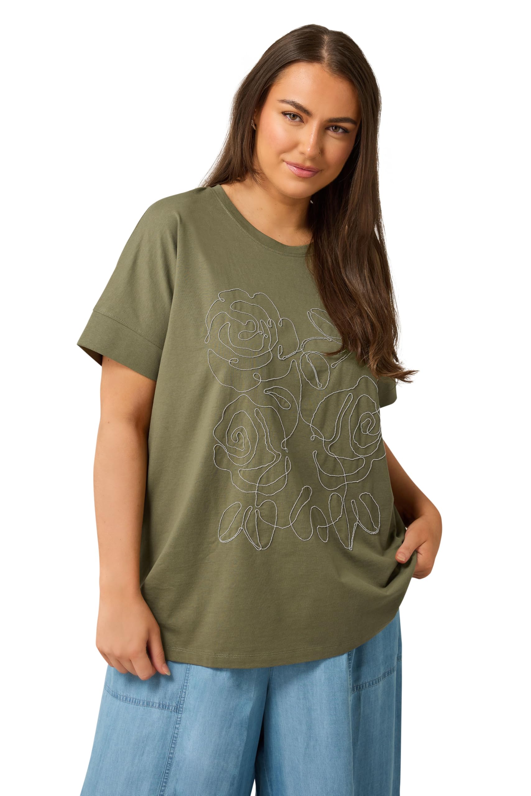 Evans Women's Khaki Curve Green Floral Chain Detail Cotton T-Shirt - Plus Size Curve