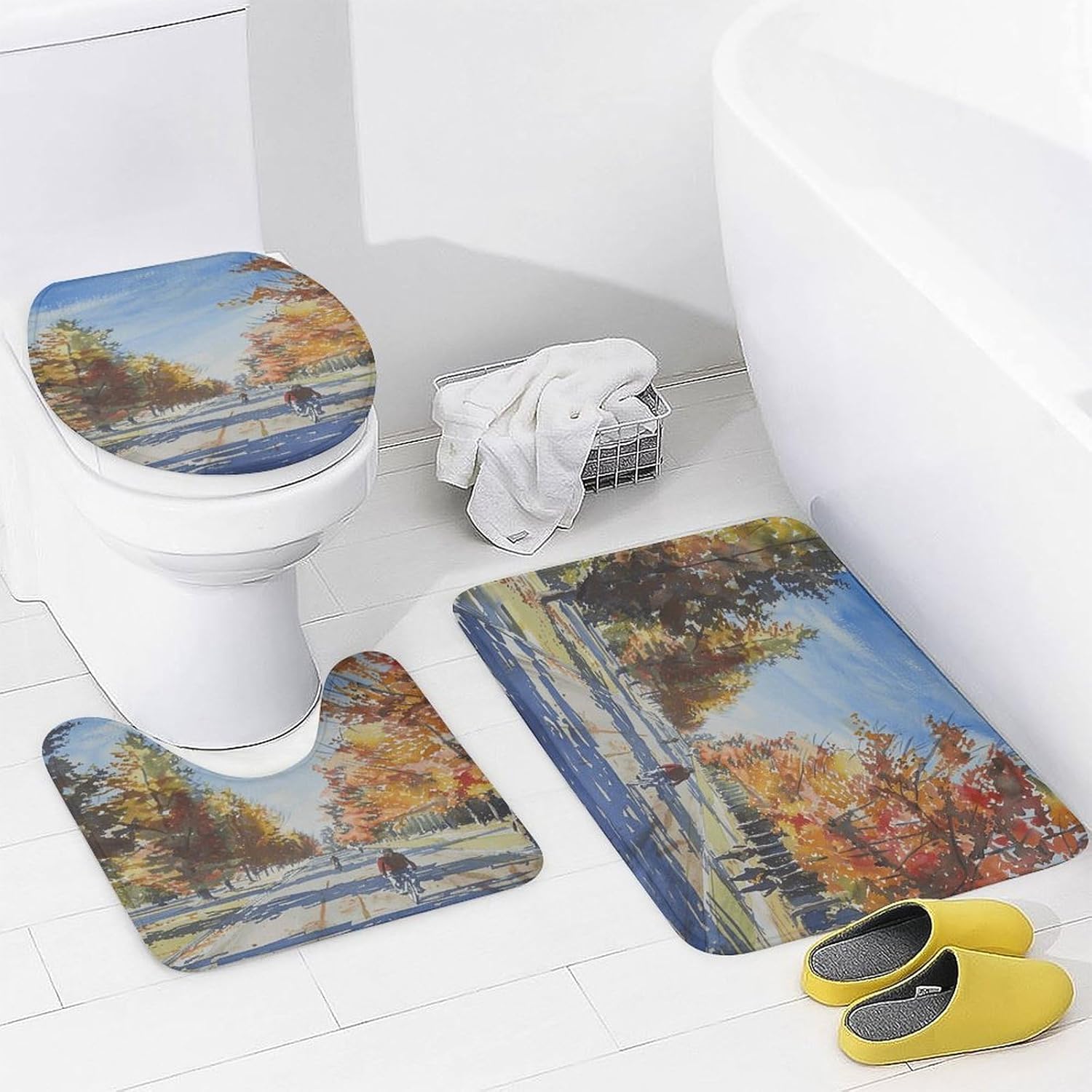 Four Piece Bathroom Set with Toilet Lid Cover and Non-Slip Rugs Minimalist Shower Curtain for Bathroom Set