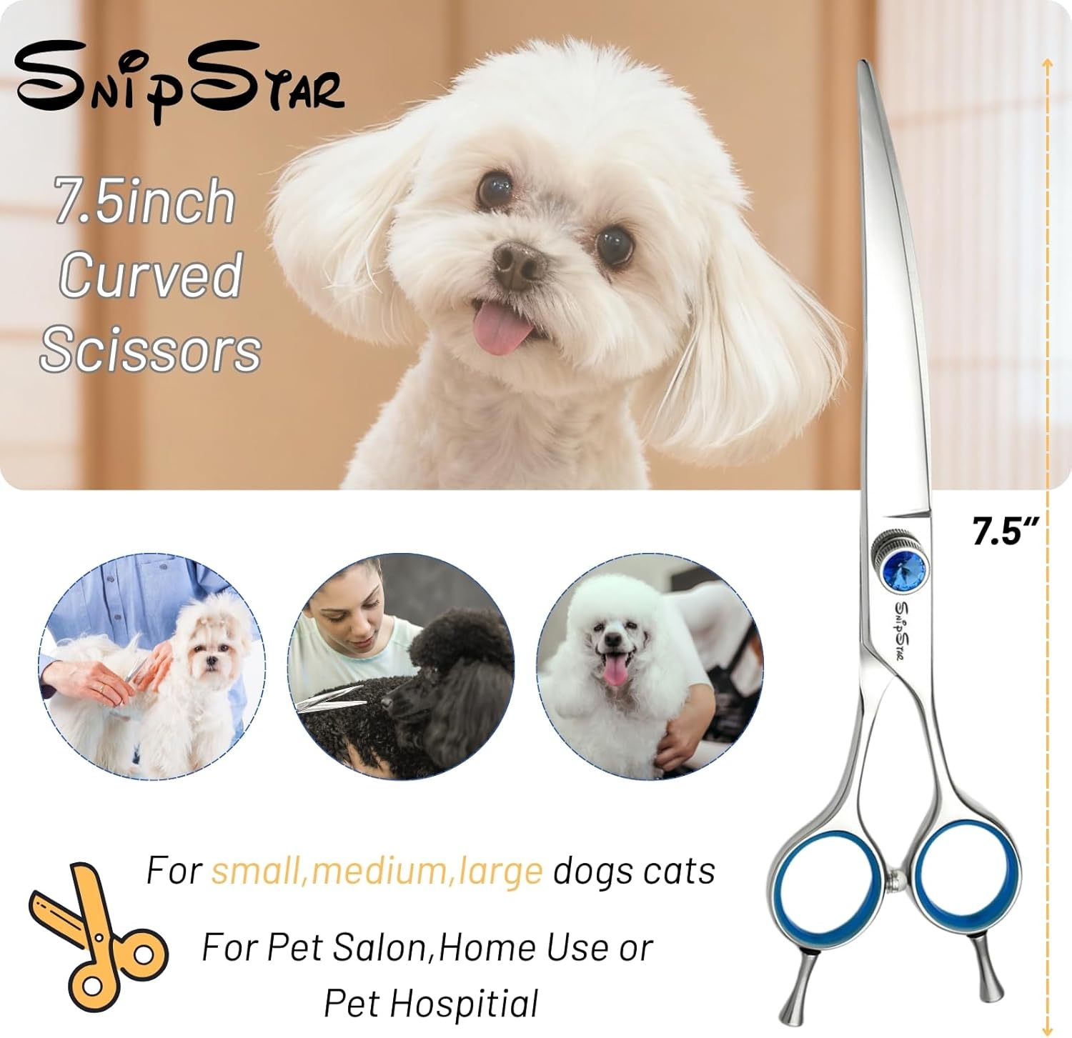 7.5inch 25° Curved Dog Grooming Scissors Professional, Japanese VG10 Stainless Steel Sharp Dog Scissors for Grooming Groomer, Pet Shears for Dogs Cats Face Paws Cutting, Comfortable Ergonomic Handle