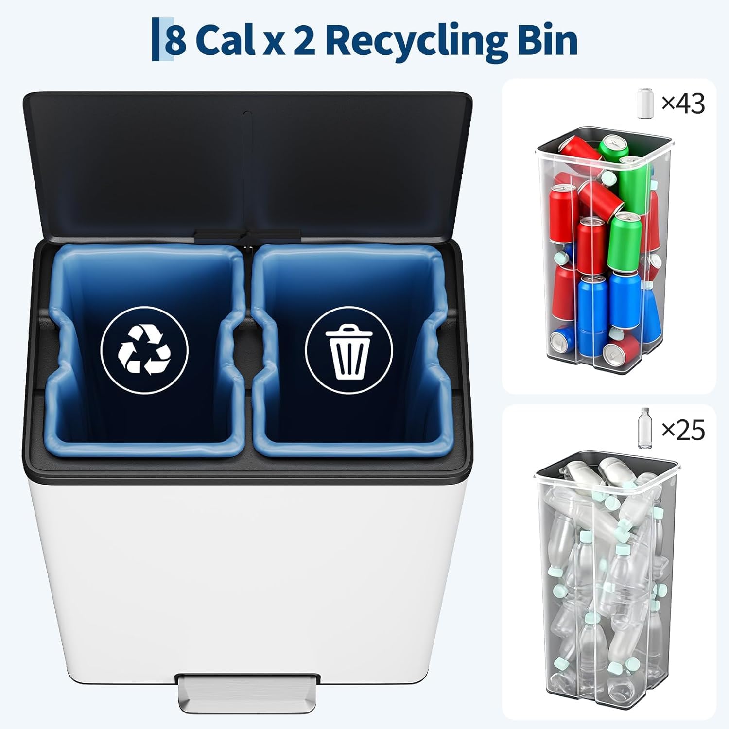 Kitchen Trash Can, 2×8 Gal (30L+30L) Garbage Can with Lid, Stainless Steel Trash Bin with 2 Removable Inner Buckets, Soft-Close Foot Pedal, Fingerprint-Resistant for Kitchen Home Office