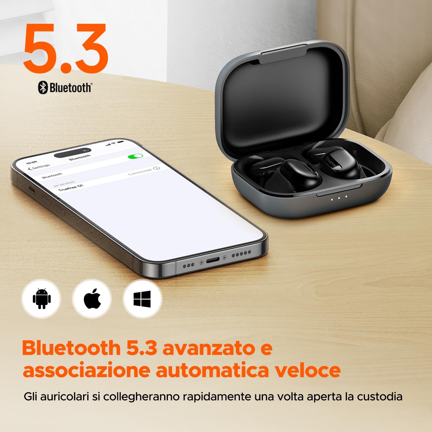truefree Cuffie Bluetooth 5.3 ad orecchio aperto, auricolari senza fili con ganci per orecchie, cancellazione del rumore ENC, suono stereo coinvolgente con driver da 16,2 mm