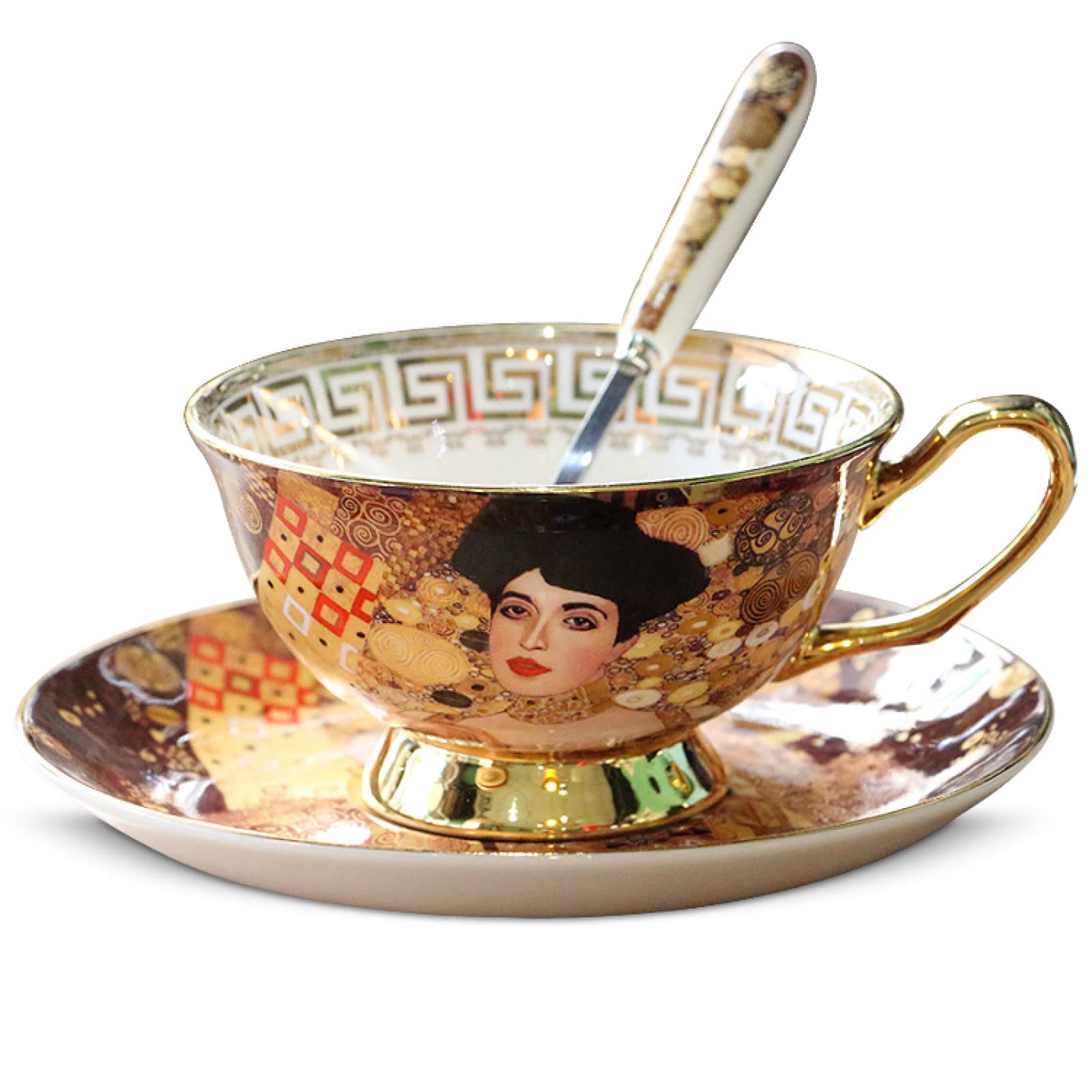 Handgemachte Keramik Kaffeetasse Tasse und Untertasse Set Gustav Klimt Adele Porträt Keramik Kaffee Teetasse und Untertasse Set Teller Hafermilch Becher Hochzeitsgeschenk