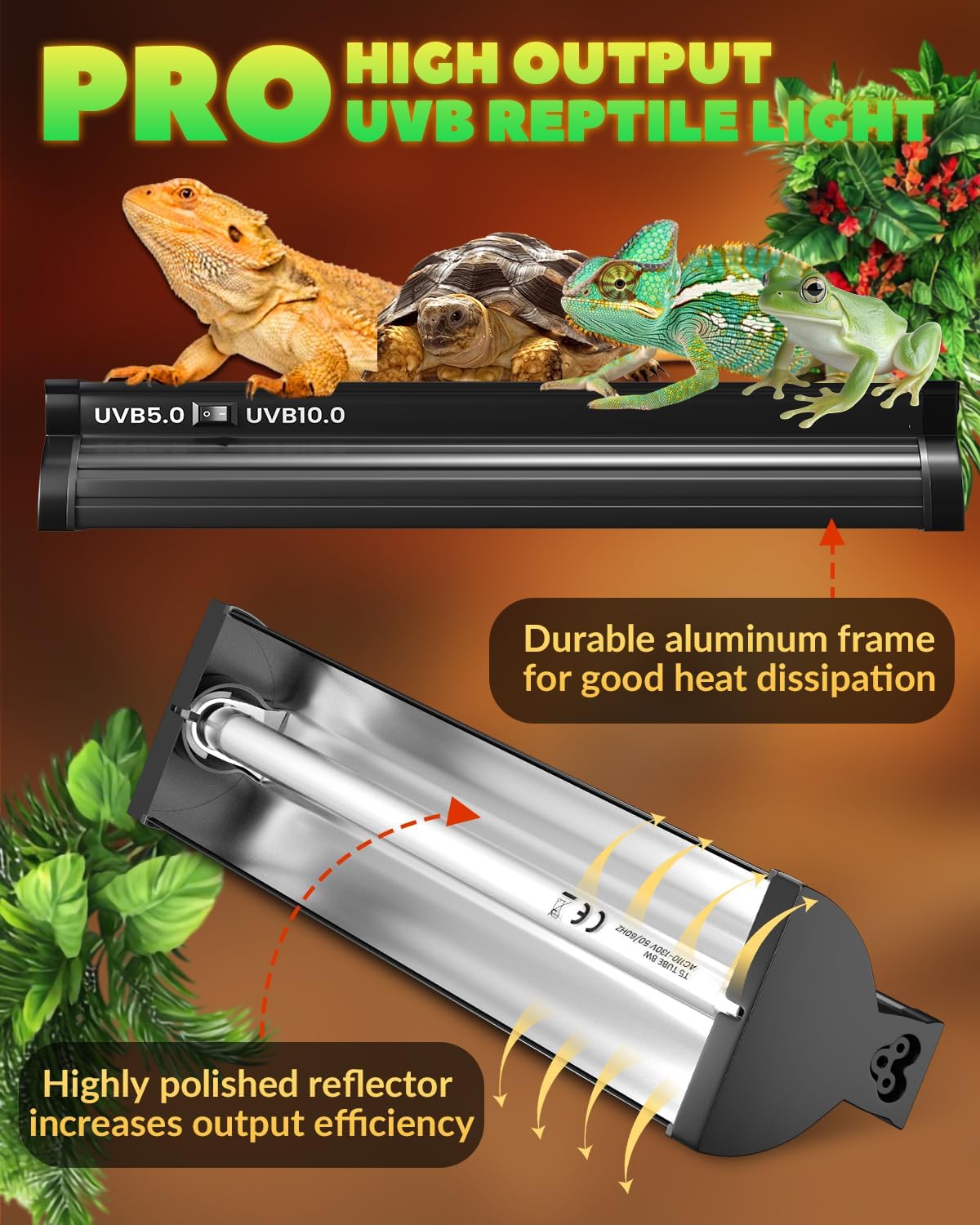 GlowUp T5 UVB Light Reptile Kit 12.4'', UVB 5.0 and UVB 10.0 Switchable for Tropical Rainforest & Desert Reptiles, 8W HO T5 Linear Reptile UVB Light Bar for Bearded Dragon, Gecko, Tortoise, Snake