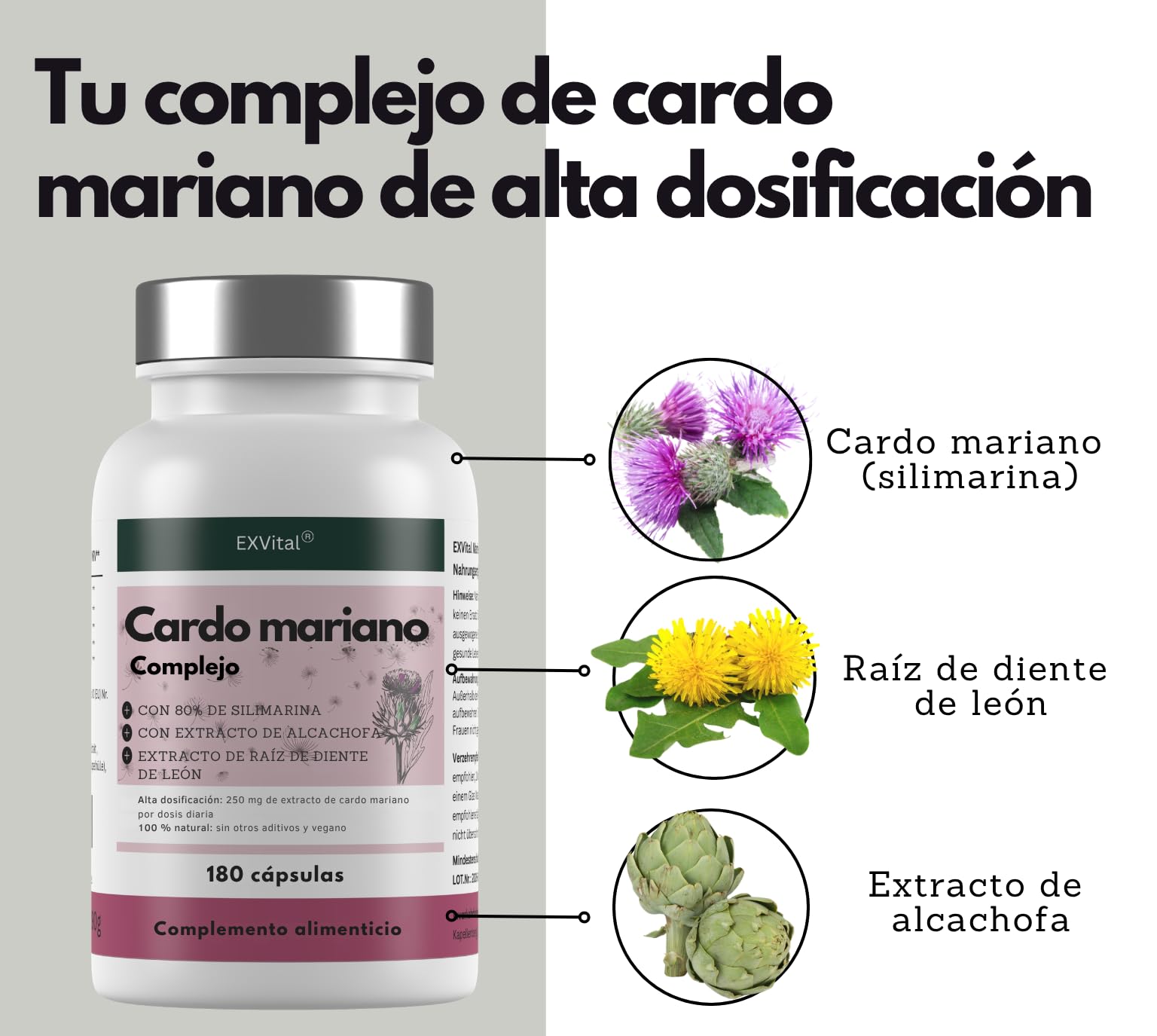 Complejo de cardo mariano con alcachofa y diente de león, 180 cápsulas, Alta concentración con un 80% de silimarina, 250 mg de extracto de cardo mariano por cápsula, apto para veganos y sin aditivos