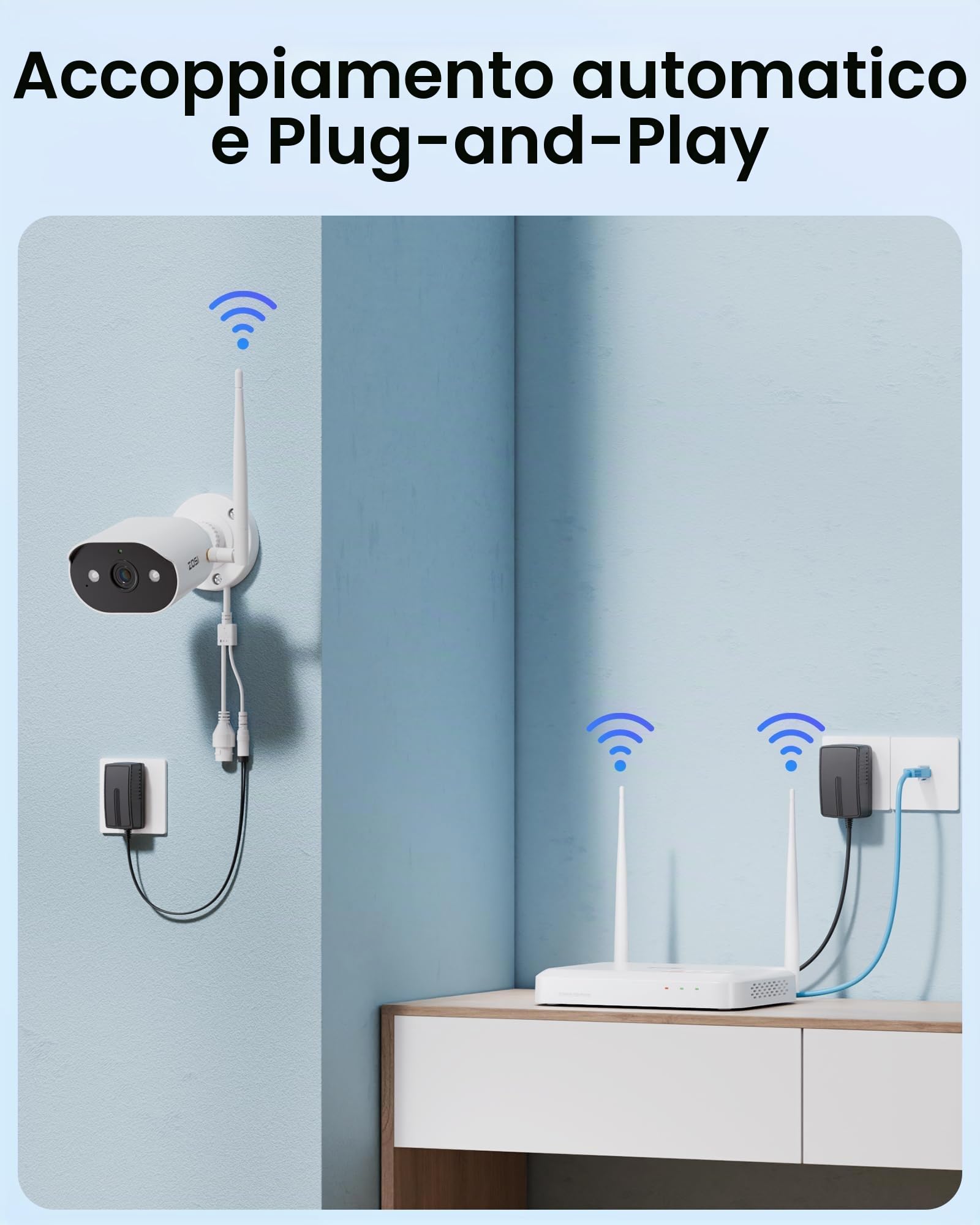 ZOSI 3MP Kit Videosorveglianza WiFi Esterno, 8CH NVR con 4 Telecamere WiFi 6, Scheda di Memoria da 64GB, Audio a 2 Vie, Rilevamento Persone AI, Visione Notturna a Colori, C302
