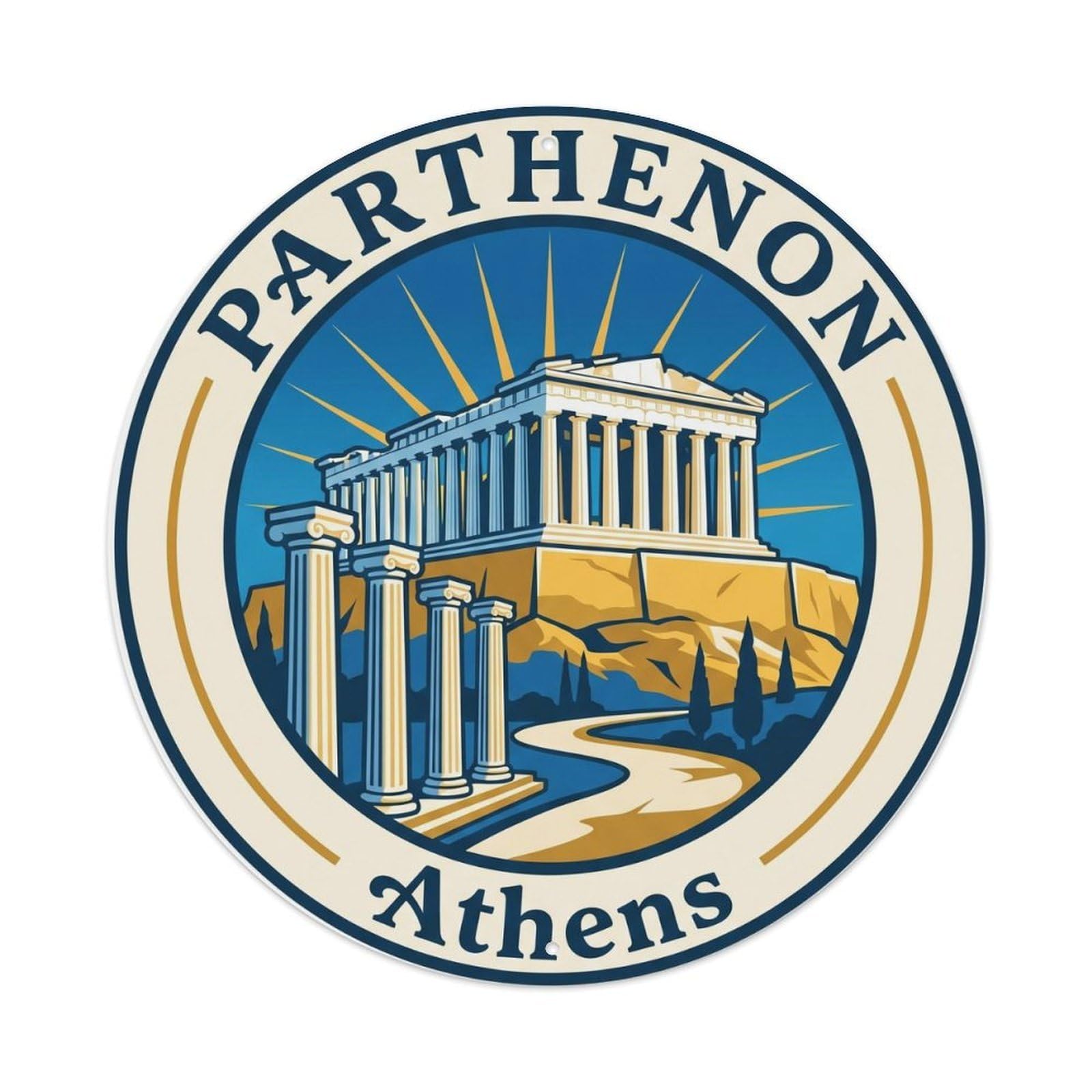 Vintage Travel Parthenon Temple Athens Metal Tin Sign Plaque Wall Decor for Cafe, Club Bar, Office, Home Garden Round Metal Poster 8x8Inch