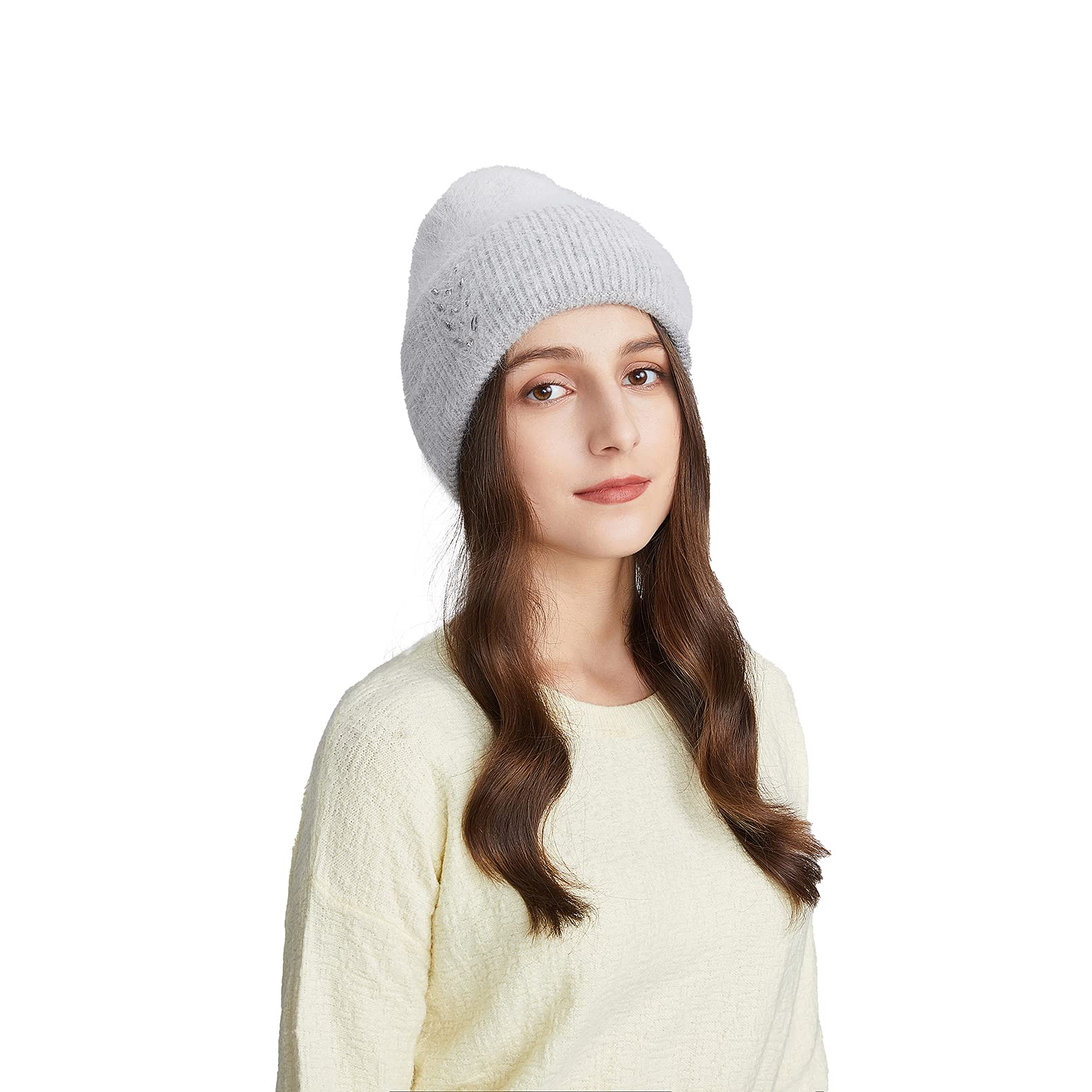 BeFur Bonnet à pompon en cachemire pour femme - Chaud - Côté large avec strass - Pour l'hiver, gris clair, Taille unique