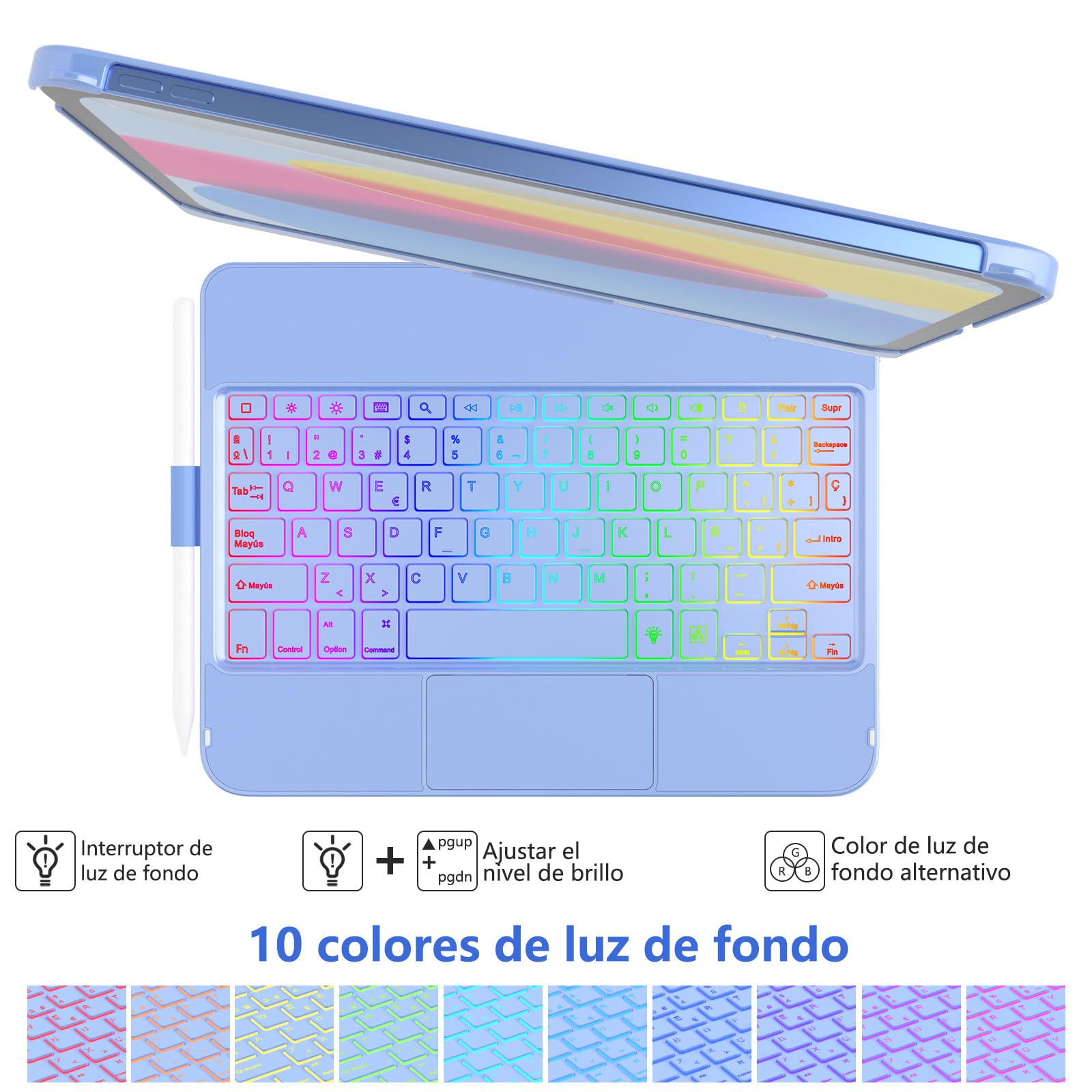 TQQ Funda con Teclado para iPad 11ª Generación A16 2025 y 10ª Generación 2022, con Gran Trackpad de Precisión, Retroiluminado de 10 Colores Estilo Portátil, QWERTY Español Ñ