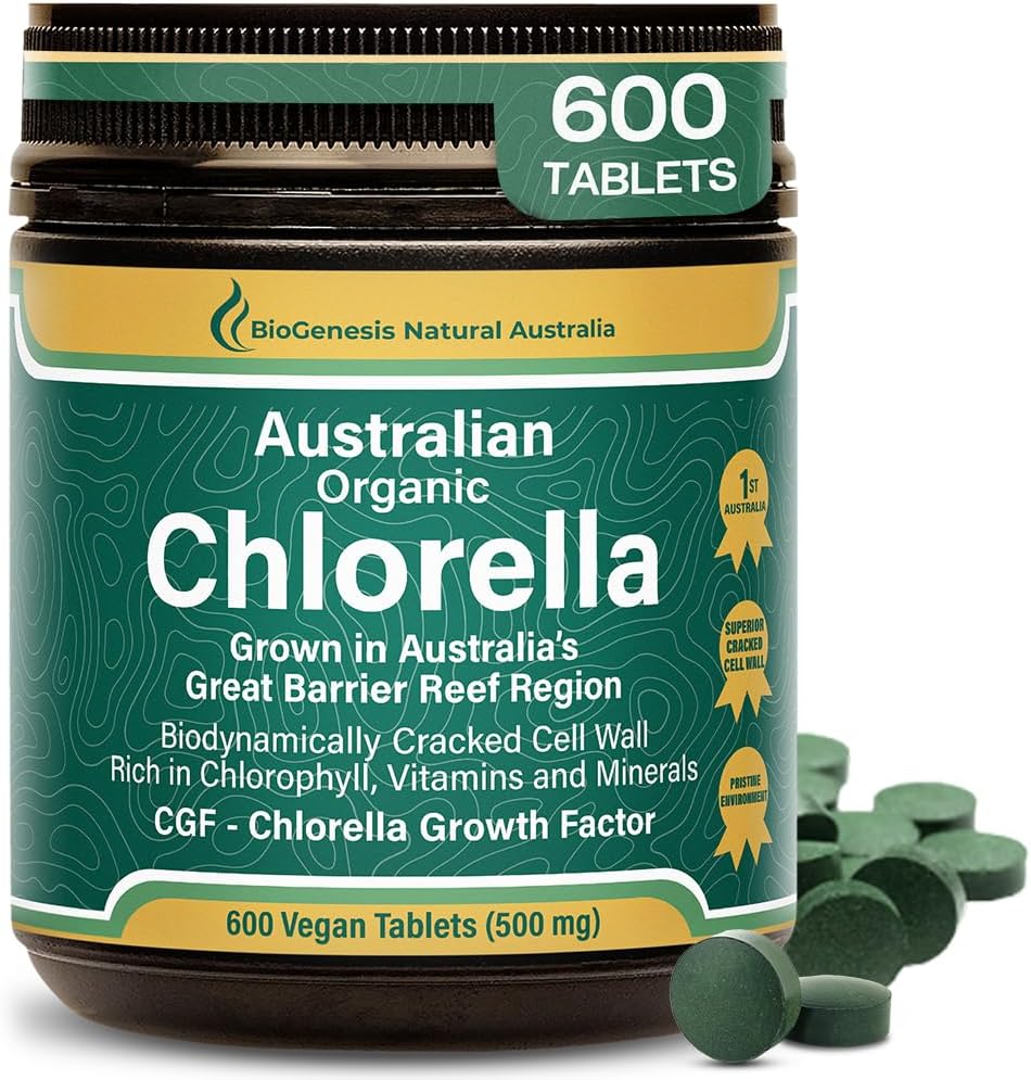 Biogenesis Organic Chlorella Tablets – 600 Count (500mg) | Australian Grown | BioDynamic Cracked Cell Wall | Rich in Chlorophyll, Vitamins & Minerals | Supports Energy & Immunity | Vegan Tablets