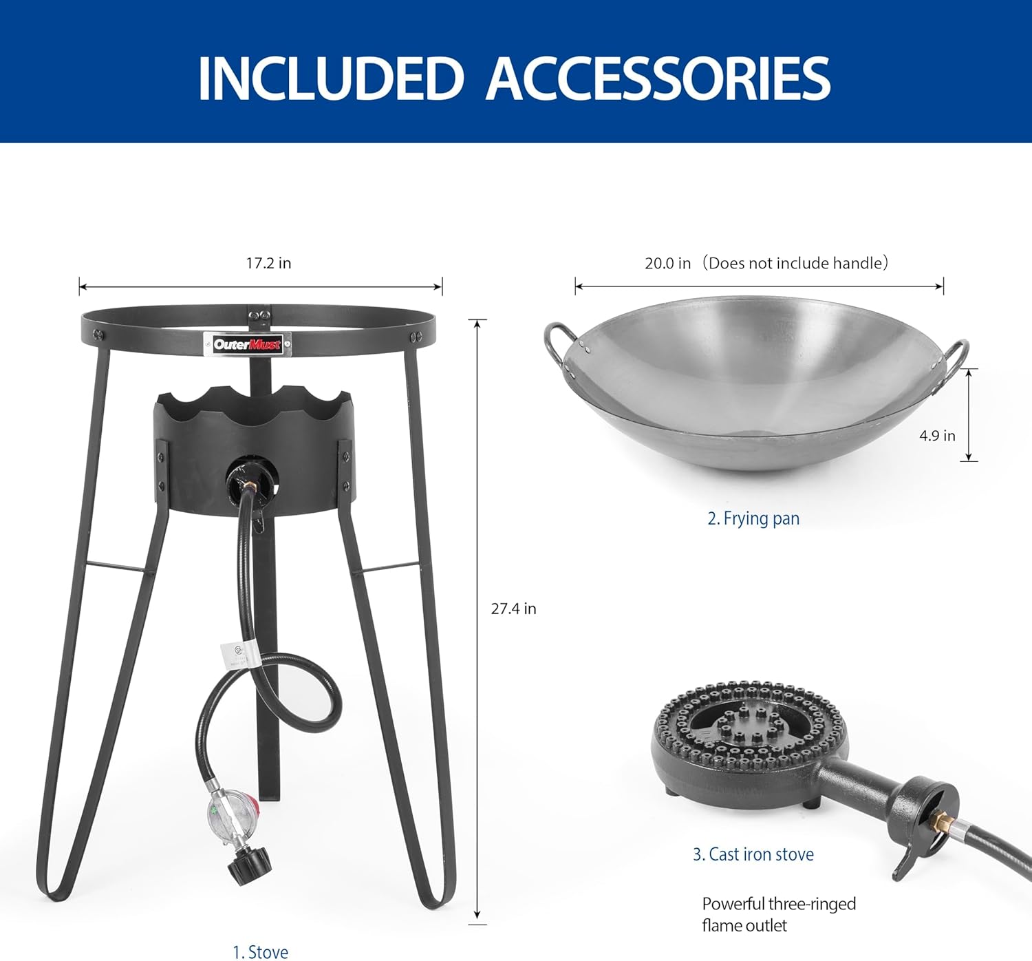 Outdoor Cooker with Iron Wok and Propane Burner, 54,000 BTU High-Pressure Gas Stove for Backyard BBQ, Tailgating & Outdoor Cooking