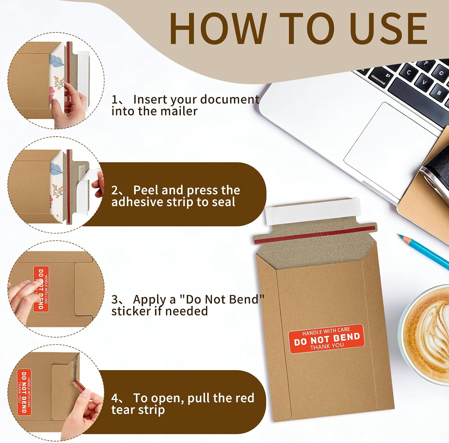 100 Pack 5" x 6.9" Rigid Mailers Shipping Envelopes, 400GSM Mailers Cardboard Envelope with "DO NOT BEND" Labels, Stay Flat Self Seal Document Envelope for Photos, Cards and Stamps, Brown