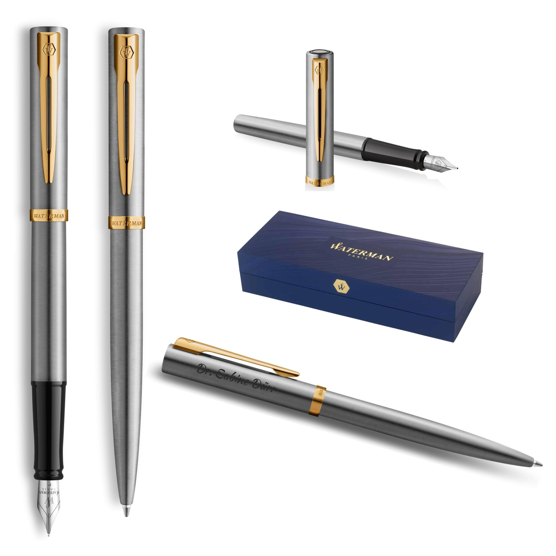 Waterman Impression Juego de bolígrafos y plumas estilográficas con grabado, pluma premium personalizada, elegante juego de escritura para hombres y mujeres, tinta azul (Stainless Steel GT)