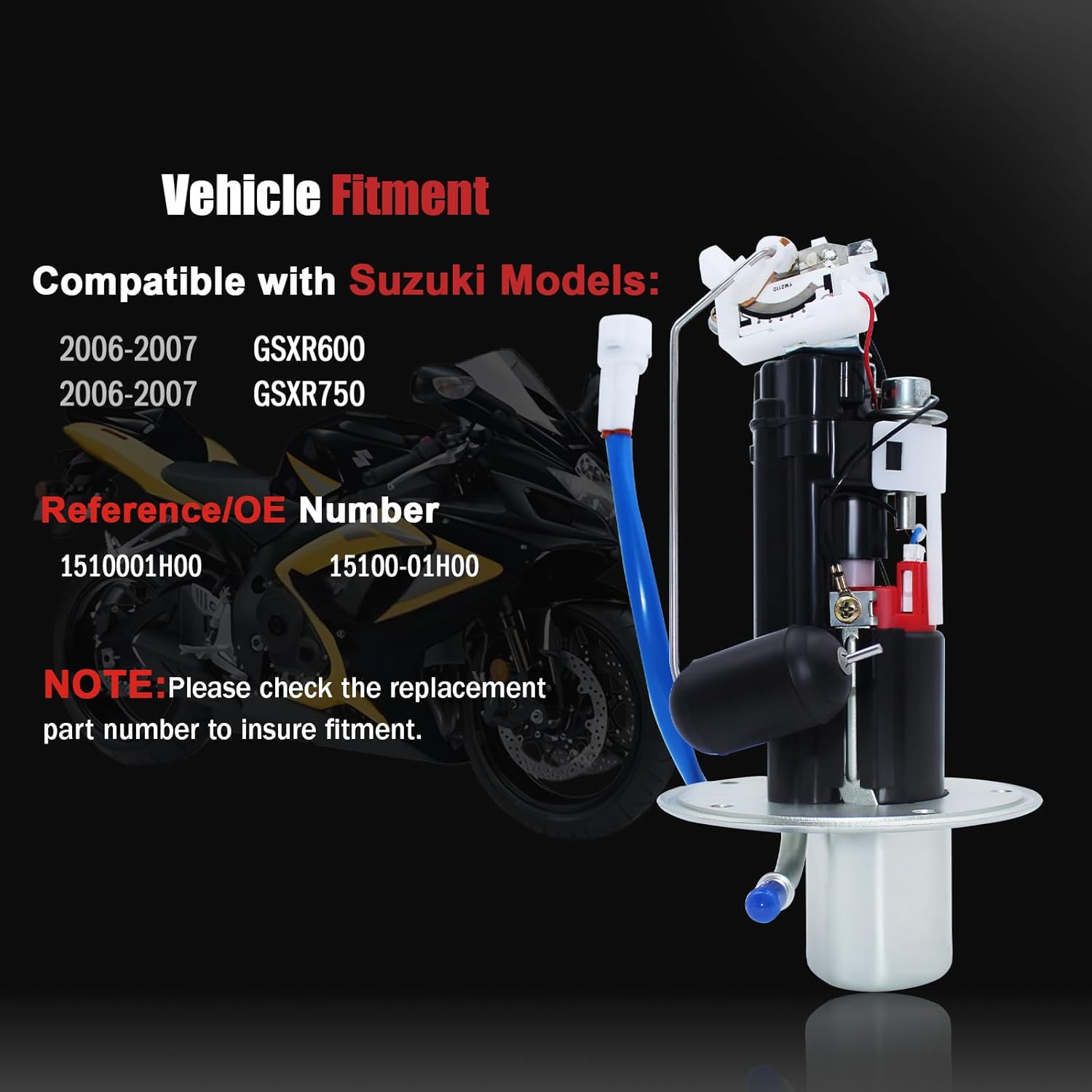 15100-01H00 Fuel Pump Assembly Compatible with Suzuki 2006-2007 GSXR-750, Fits for GSXR600 2006 2007 Suzuki Motorcycle, Replace OE Part # 1510001H00 - Image 2