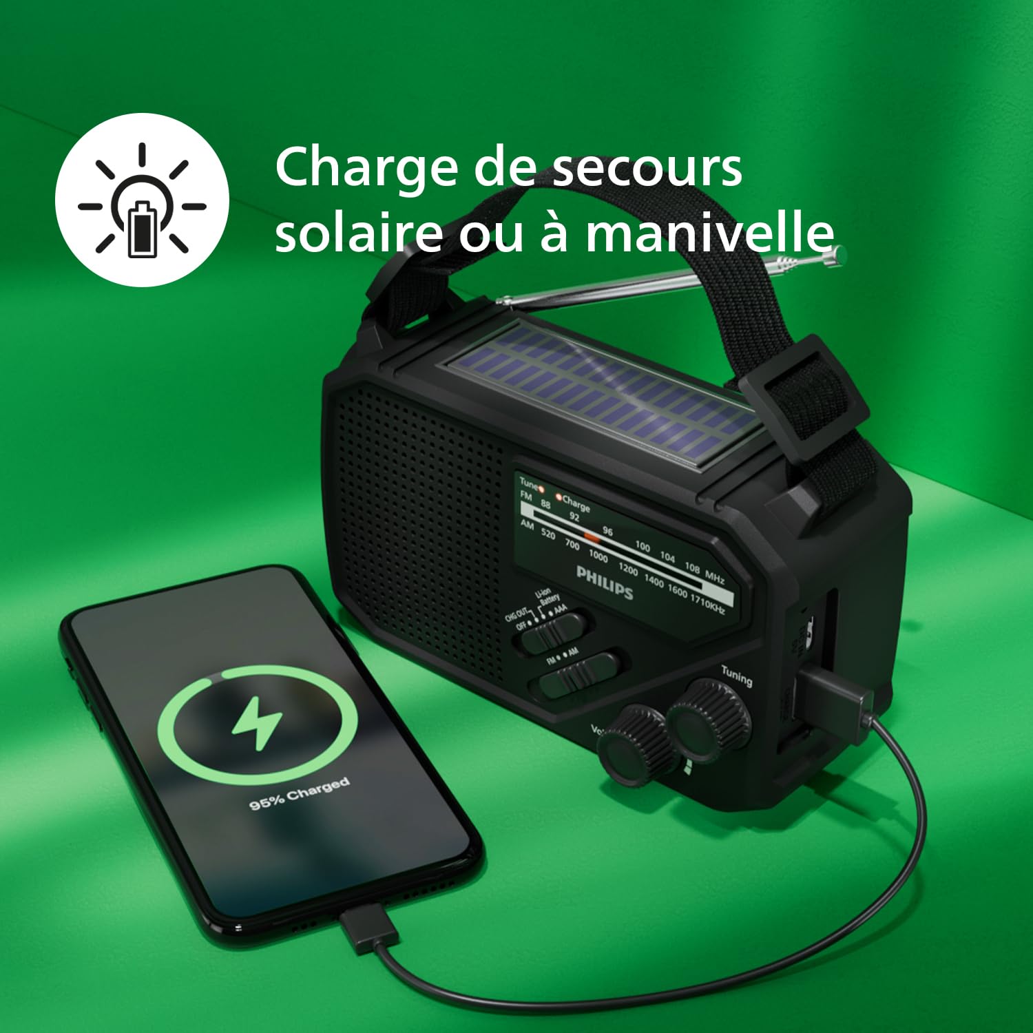 Philips TAR1659 Radio FM/AM Portable avec Batterie Rechargeable intégrée, Pile AAA et Alimentation de Secours à manivelle, énergie Solaire, lumière LED intégrée et Lampe de Poche pour Le Camping, la