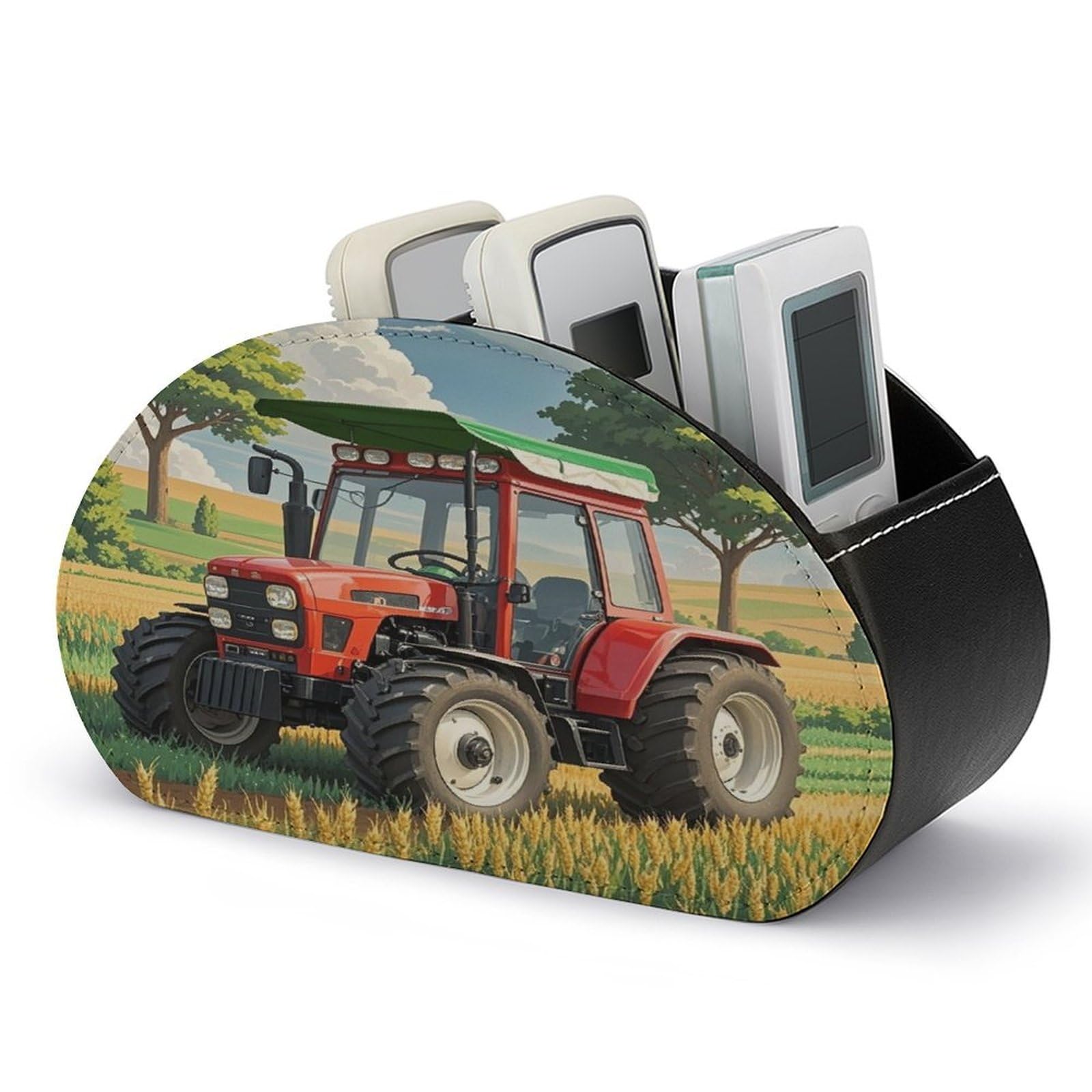 LZQPOEAS Tractor Theme Remote Control Holder with 5 Compartments PU Leather Remote Organizer Box Caddy for Table Nightstand Remote Caddy Desktop Organizer Fits Media Controllers