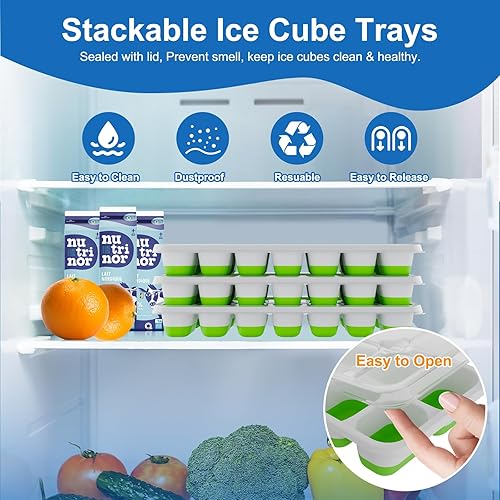 Miniatura 2 de Bandeja para cubitos de hielo (juego de 3), máquina de hielo cuadrada con tapa y bandejas de silicona para congelador, mantiene frío para whisky,