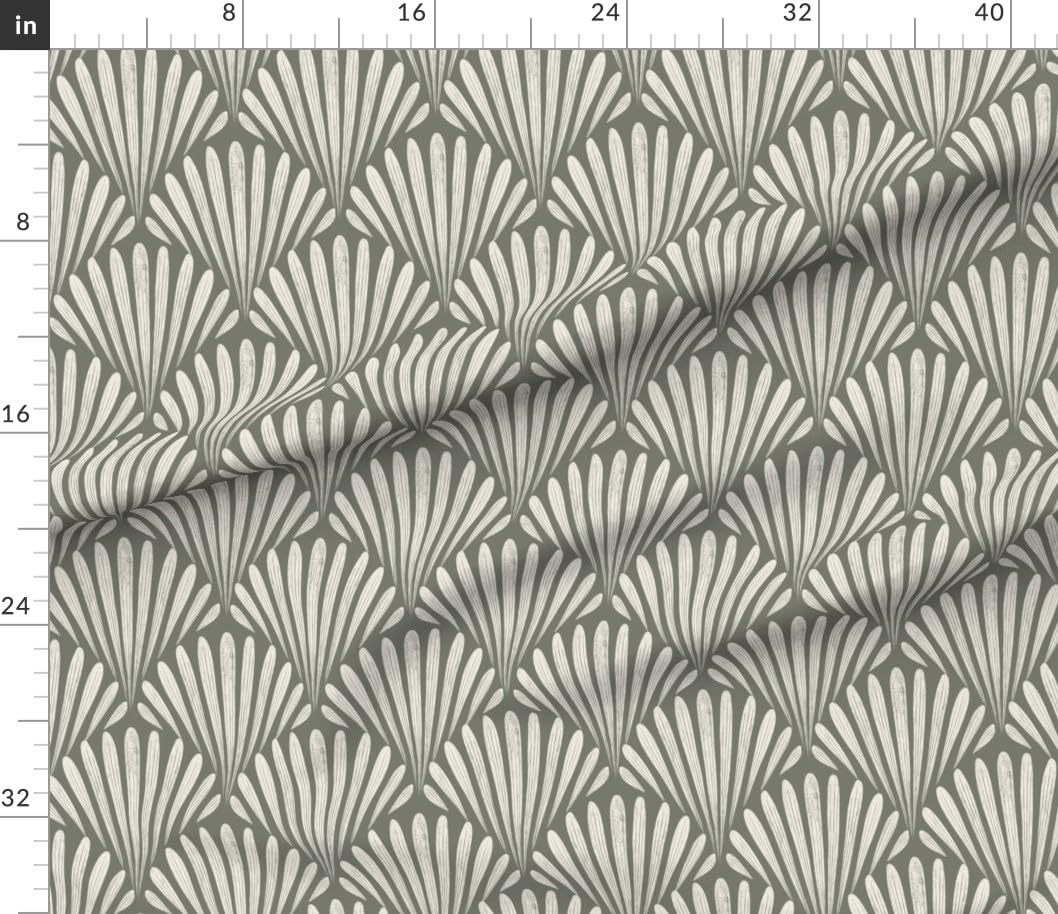 Spoonflower Fabric - Geometric Art Deco Cream Green Gray Shell Fans Traditional Olive Printed on Petal Cotton Fabric Fat Quarter - Sewing Quilting Apparel Crafts Decor