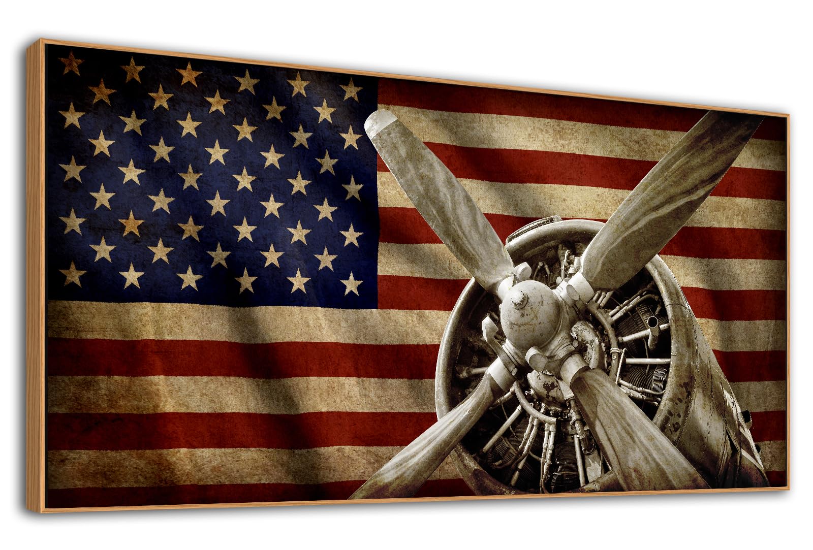 Framed Vintage American Flag Canvas - Rustic Flag of USA Wall Art Airplane Engine Pictures Wall Decor Retro Aircraft Propeller Canvas Print Artwork for Office Home Decor 24" x 48"