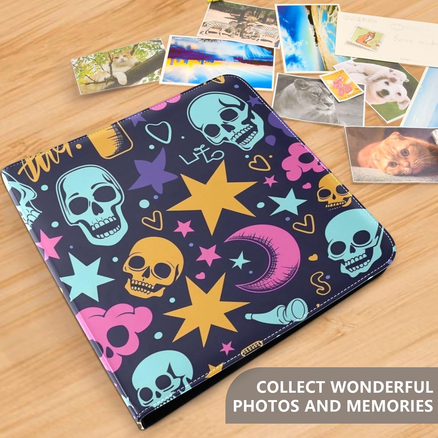 JIPONI Skull Graffiti Large Photo Album, DIY Leather Cover Scrapbook Albums for 4x6 5x7 6x8 Pictures, Self Adhesive Memory Book for Wedding, Baby, Family