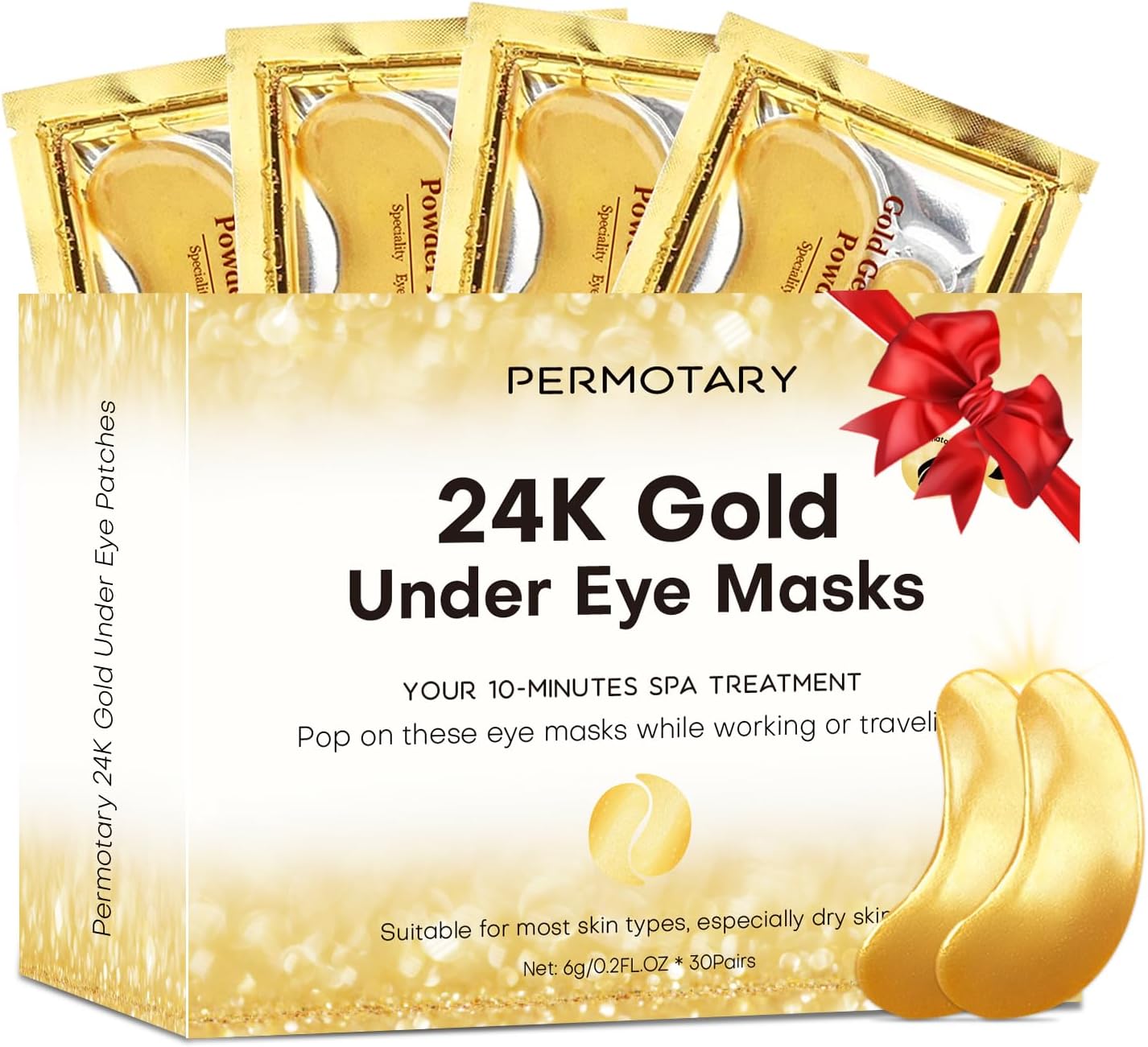 Permotary Joynest 30 Pairs Crystal Eye Mask Under Eye Mask 24K Gold Gel Collagen Eye Pad for Moisturizing & Reducing Dark Circles Puffiness Wrinkles Under Eye Patch for Women (Gold)