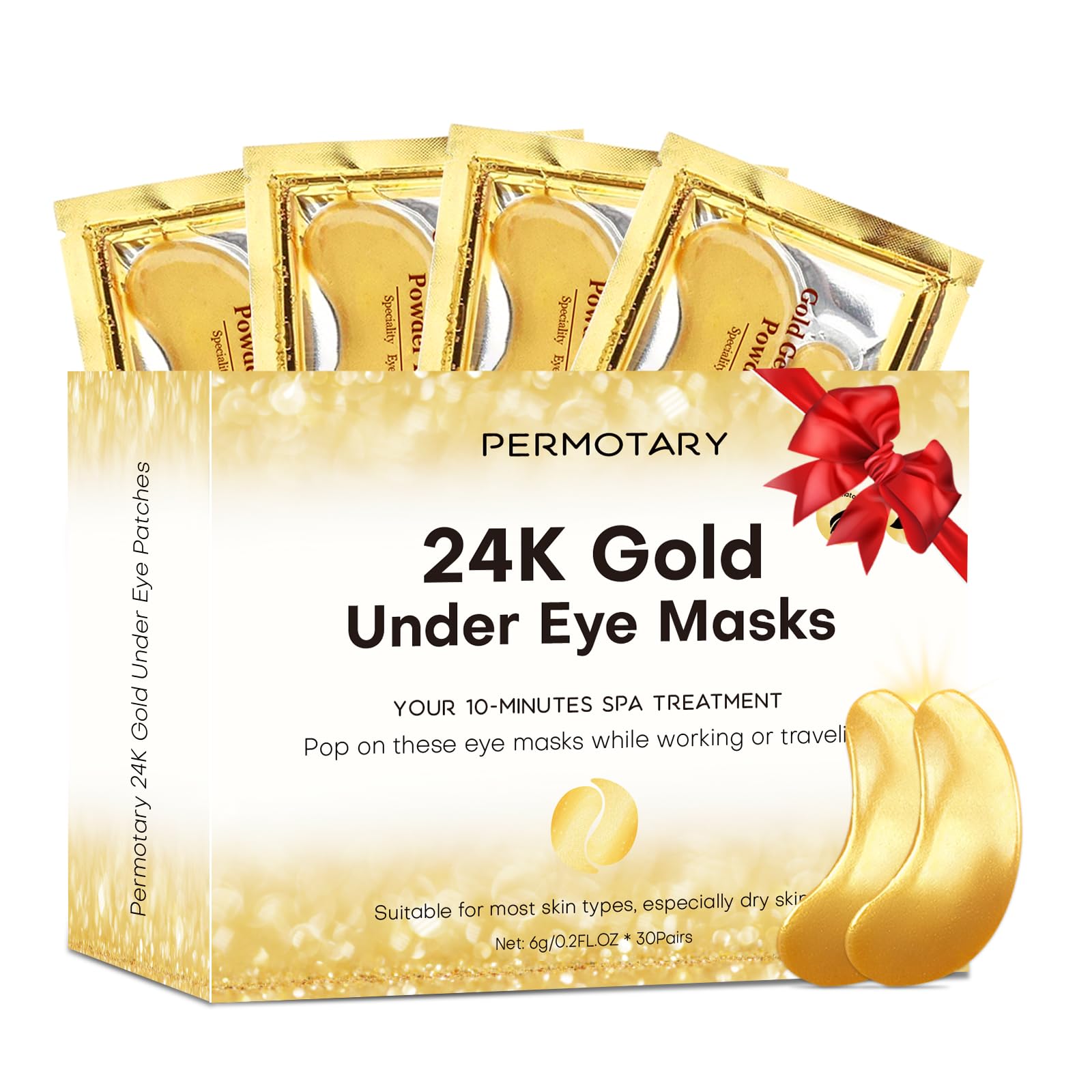 Permotary Joynest 30 Pairs Crystal Eye Mask Under Eye Mask 24K Gold Gel Collagen Eye Pad for Moisturizing & Reducing Dark Circles Puffiness Wrinkles Under Eye Patch for Women (Gold)