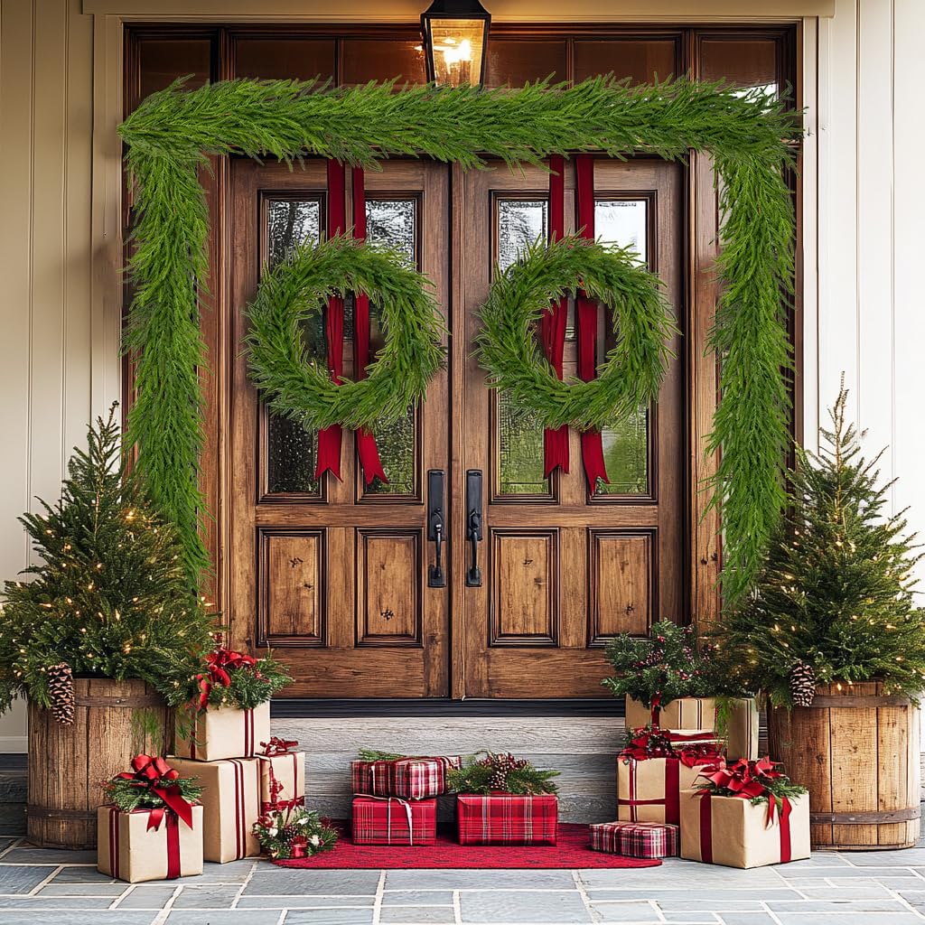 60 cm Türkranz Weihanchten Künstliche Norfolk Pine Tannenzweige Dekokranz Grün für Haustür Tischkranz für Tischdeko Wandkranz für Fensterdeko Weihnachtsdeko zum Basteln Adventsdeko Wohnung