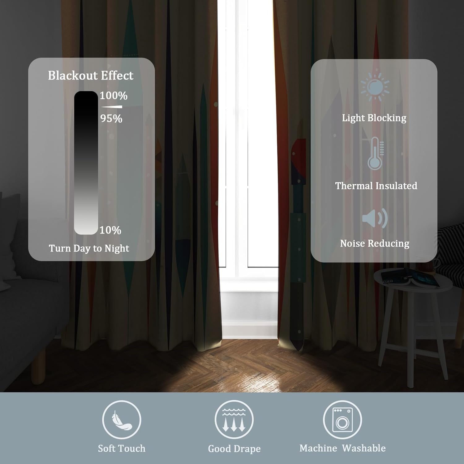 Retro Geometric Bedroom Curtains 63 Inch - Mid Century Modern Printed Living Room Curtains, Retro Geometric Home Decor Blackout Window Drapes with Grommet, 2 Panels Set - HL2982