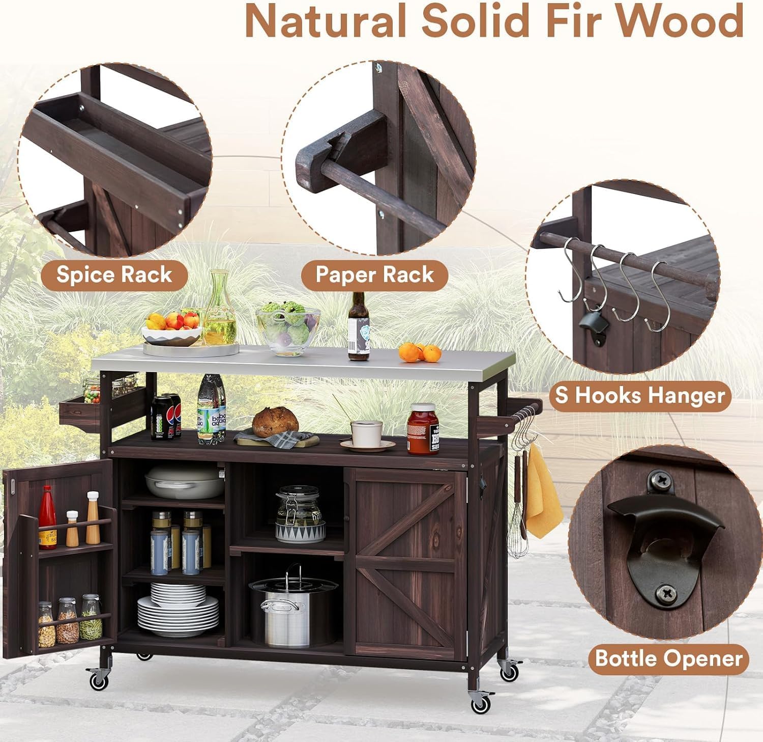 Outdoor Cabinet for Patio Graden BBQ Grill Cart with Storage Cabinet, Home Rolling Kitchen Island Food Prep Table with Stainless Steel Top, Shelves, Spice Rack, Towel Rack(Dark Brown)