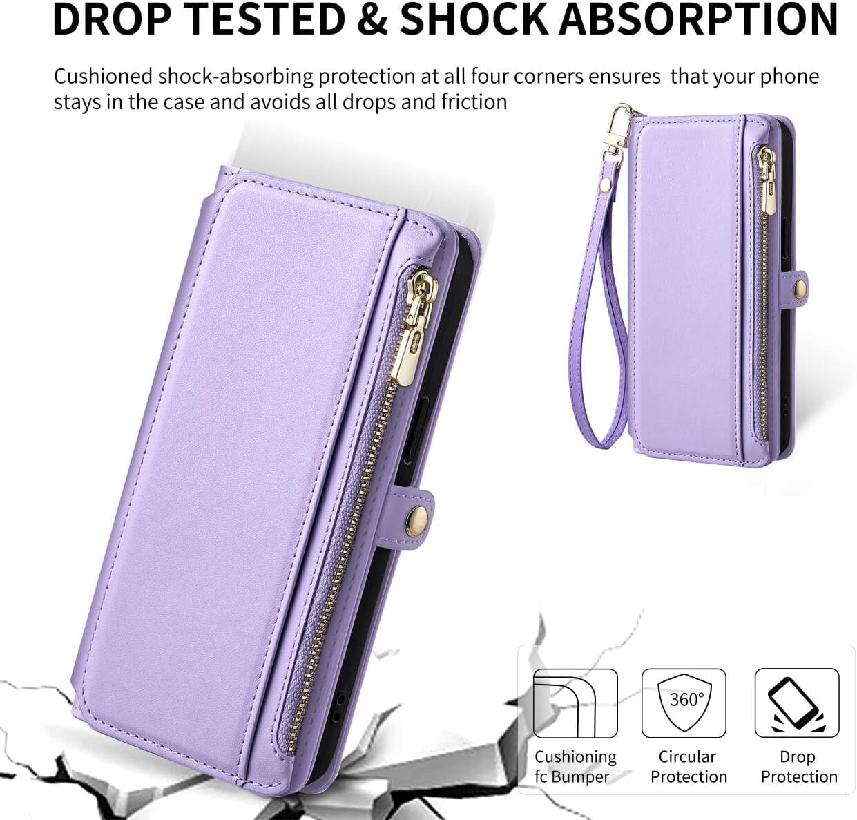 Asuwish Phone Case for Samsung Galaxy A17 5G Wallet Zipper Cover with Tempered Glass Screen Protector and Wrist Strap Card Holder Slot Flip Mobile Stand Cell Accessories A 17 17A 4G Women Men Purple