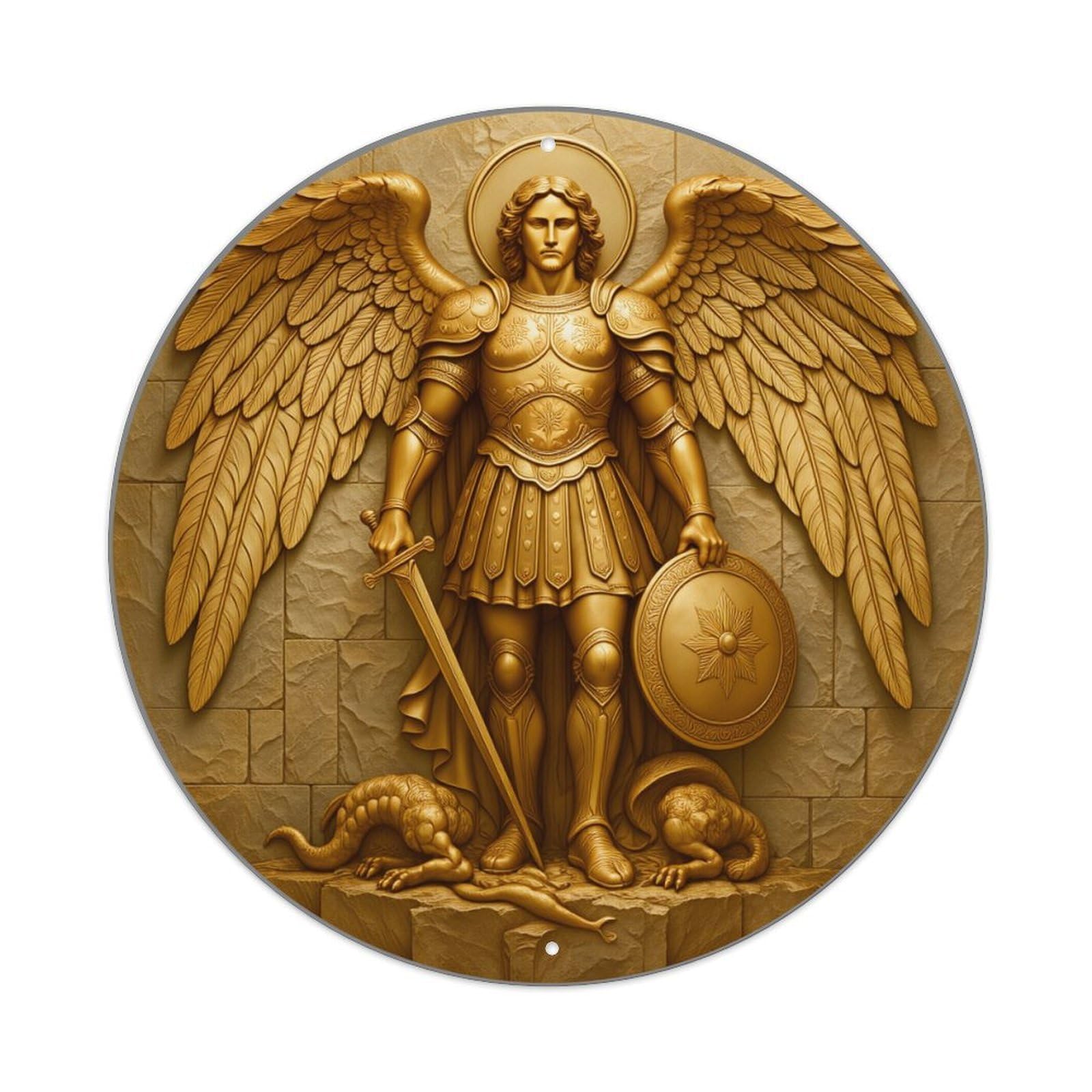Golden Angel With Wings And Sword Round Tin Sign Vintage Metal Poster, Home Bar Garage Man Cave Cafe Indoor & Outdoor Wall Decoration 8x8Inches