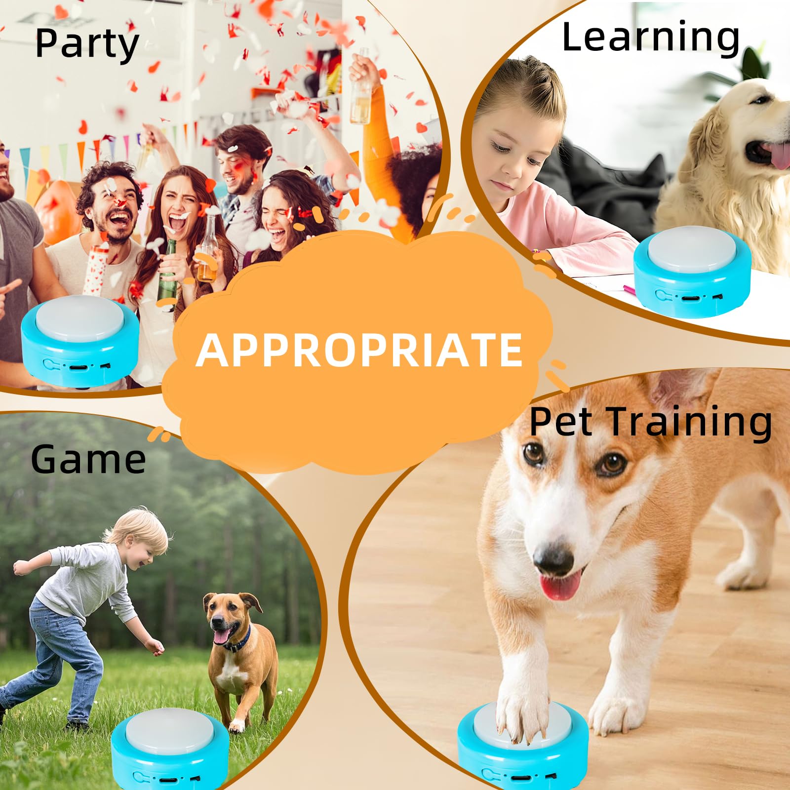 Botones para perros para comunicación, kit de iniciación de 6 botones recargables para hablar con alfombrilla antideslizante, alta sensibilidad y grabación de voz de 24 segundos, 49 calcomanías