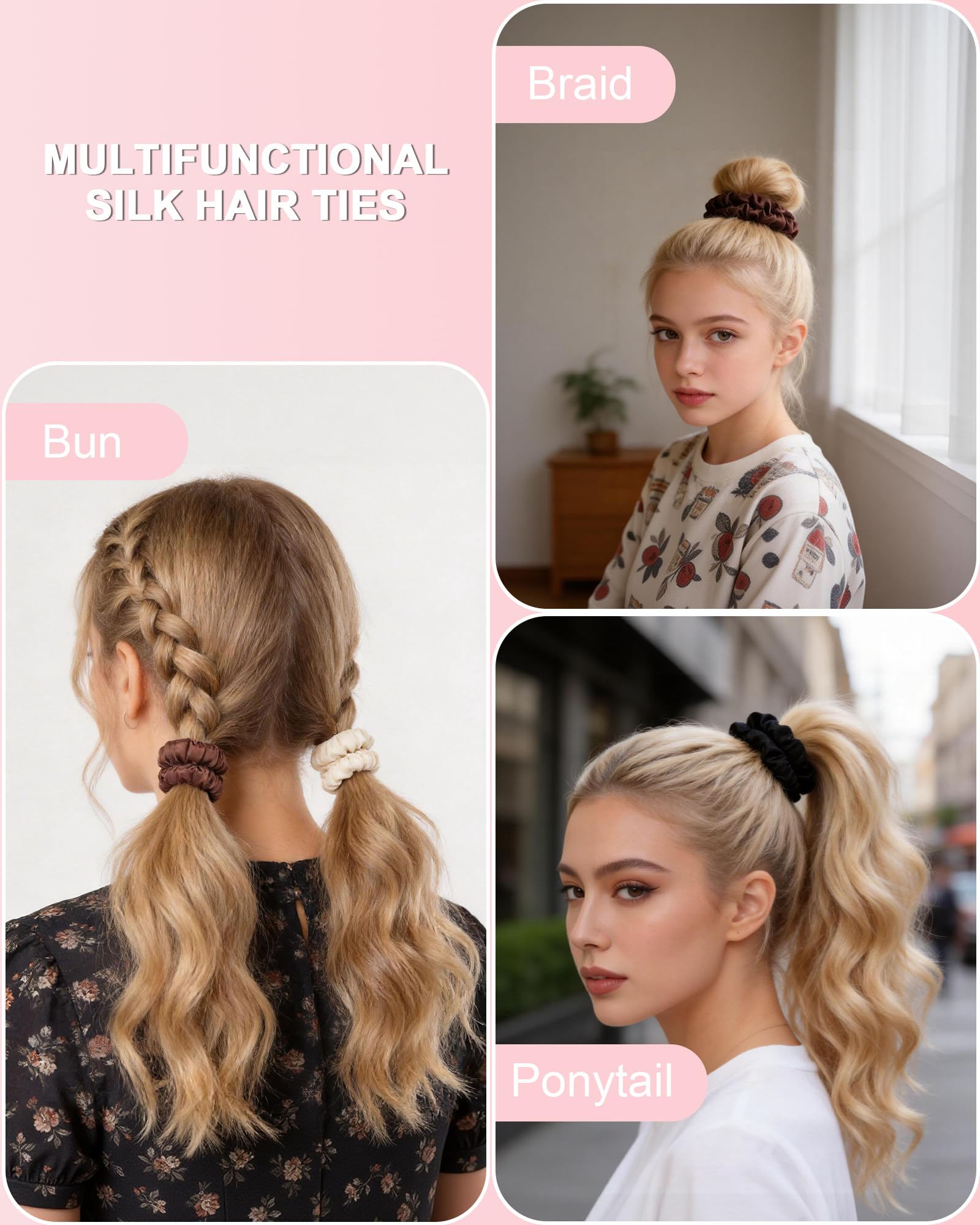 Pack de 4 Coleteros de Seda Natural 100% Mora 16 Momme, Gomas de Pelo Seda Antirotura para Mujer, Scrunchies Pelo Antifrizz para Dormir y Diario, Tonos Chocolate y Tierra