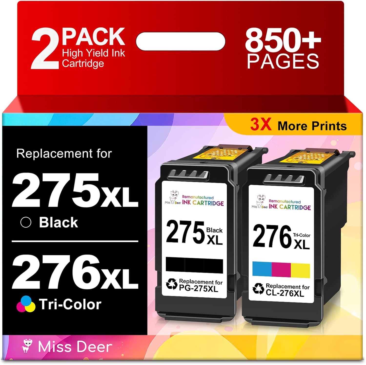 Miss Deer 275 and 276 Ink Cartridges 2-Pack, Compatible Replacement for Canon PG-275XL CL-276XL XL High Yield, for Pixma TS3522 TS3500 TR4720 TR4700 TR4722 TS3720 TS3722 Printers (Black, Tri-Color)