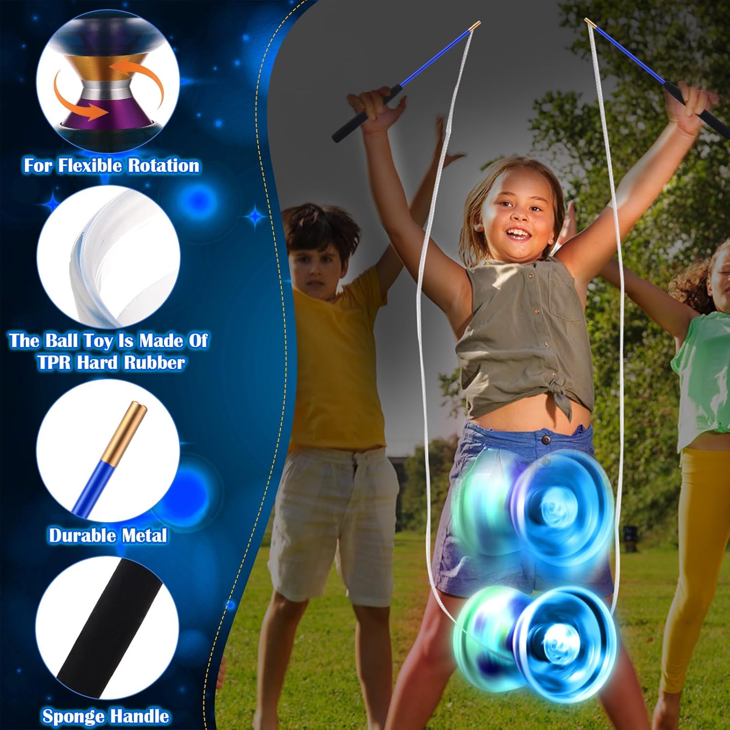 Chinese Yoyo Diabolo Set Includes 5 Inch Colorful LED Diabolo Toy Light Up with 2 Pieces Diabolo Sticks, 1 Piece Diabolo String and 1 Piece Net Bag for Fun(Blue)