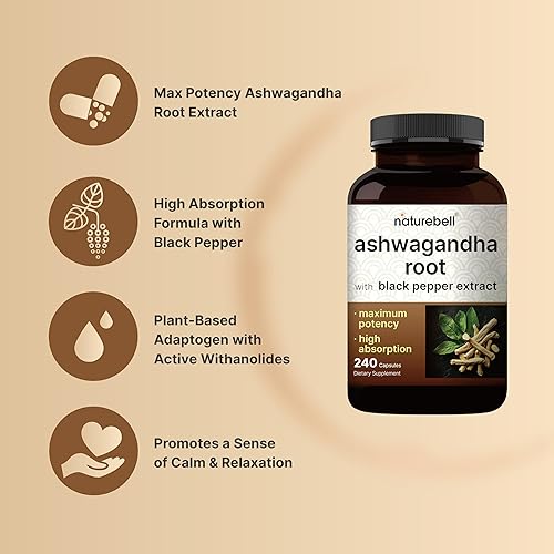 Miniatura 3 de NatureBell Ashwagandha 12,500 mg equivalente a pimienta negra, 240 cápsulas | Complejo de alta absorción – Extracto de raíz 25:1 extra fuerte –