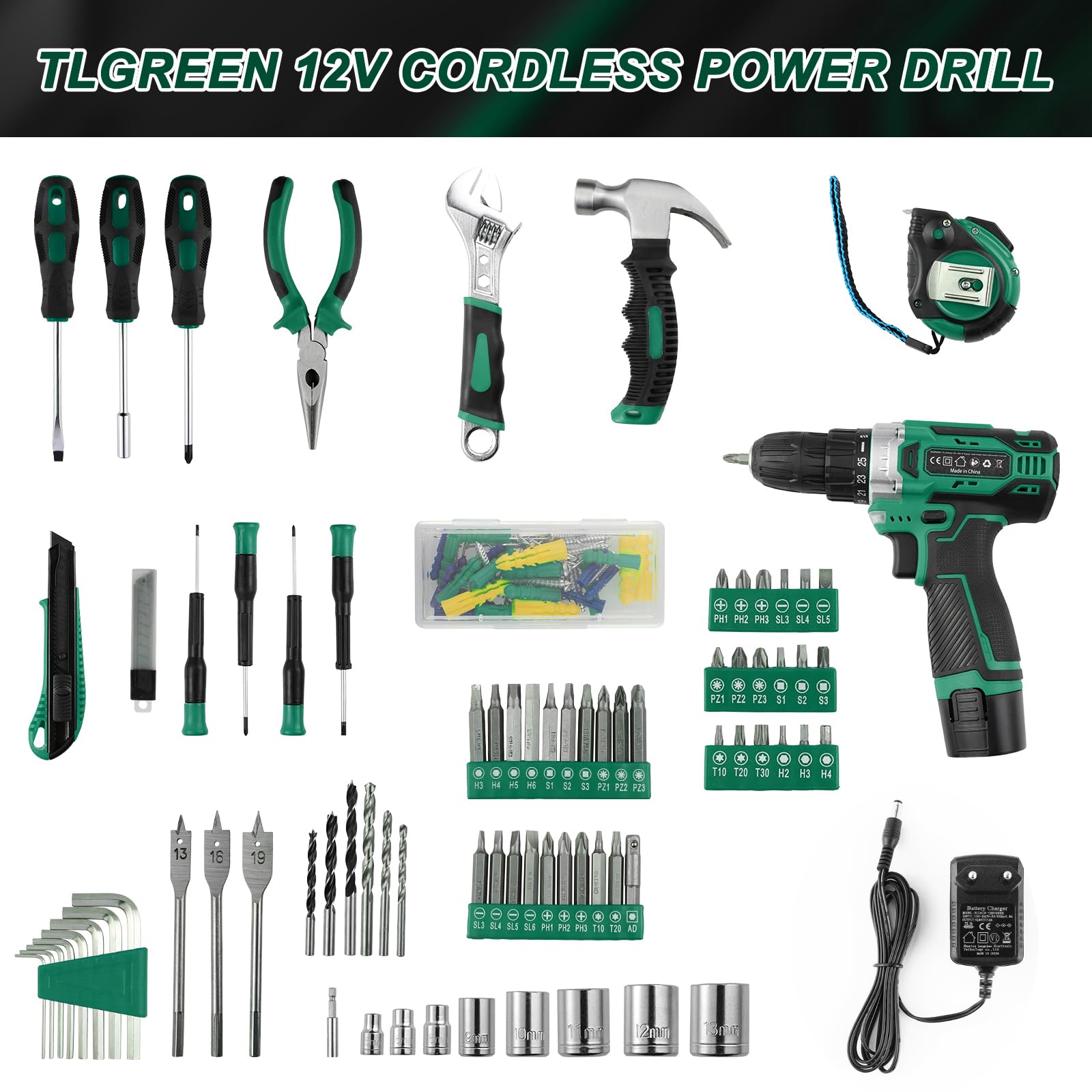 TLGREEN Caisse a Outil Perceuse Visseuse sans fil 12V, Malette Outils | Perceuse à Percussion Sans fil Boîte à Outils complete 138 Pièces pour Réparation Entretien Travail, Bureau Domicile, Vert