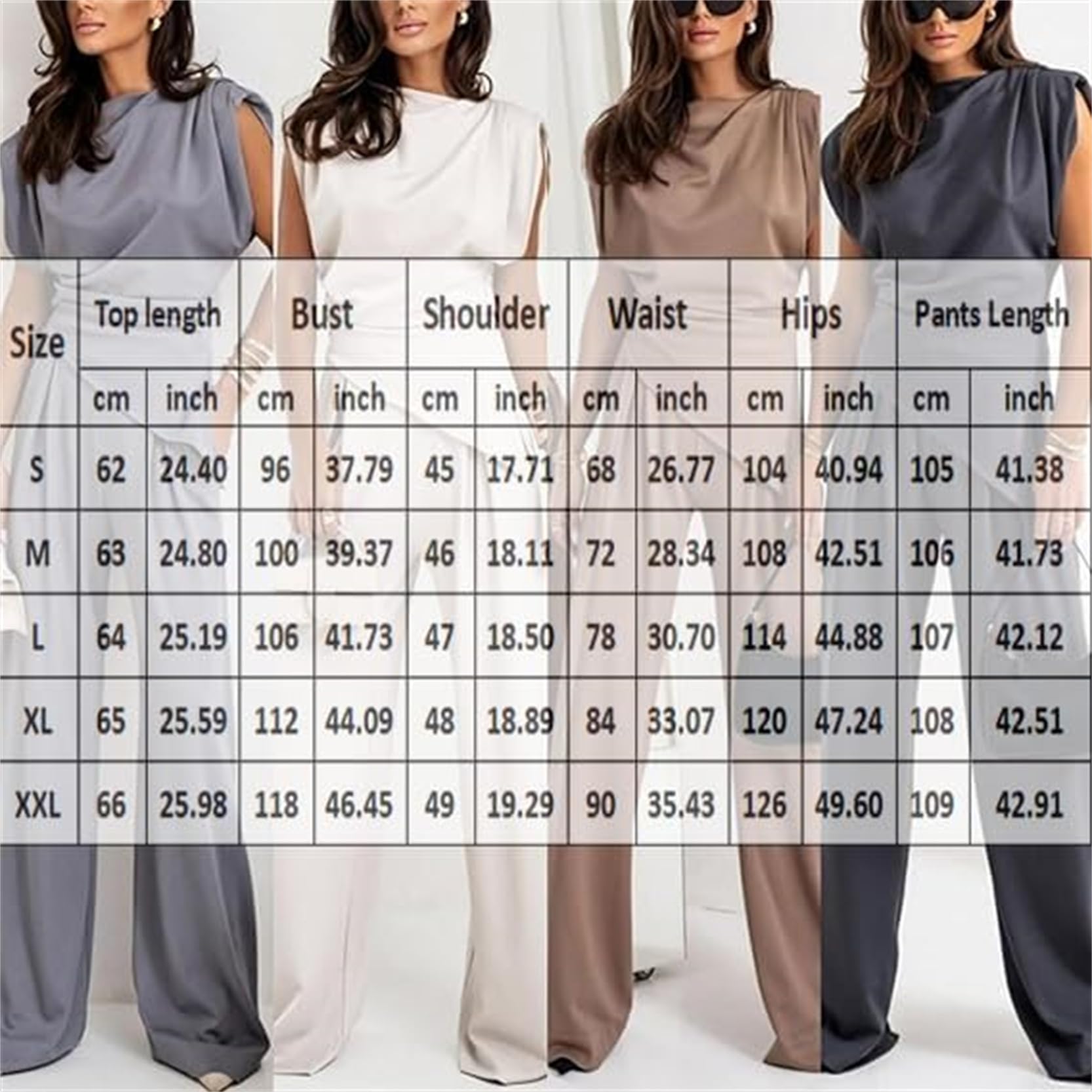 Ensemble d'affaires décontracté plissé sans manches à col rond pour femme - Haut irrégulier de couleur unie et pantalon taille haute