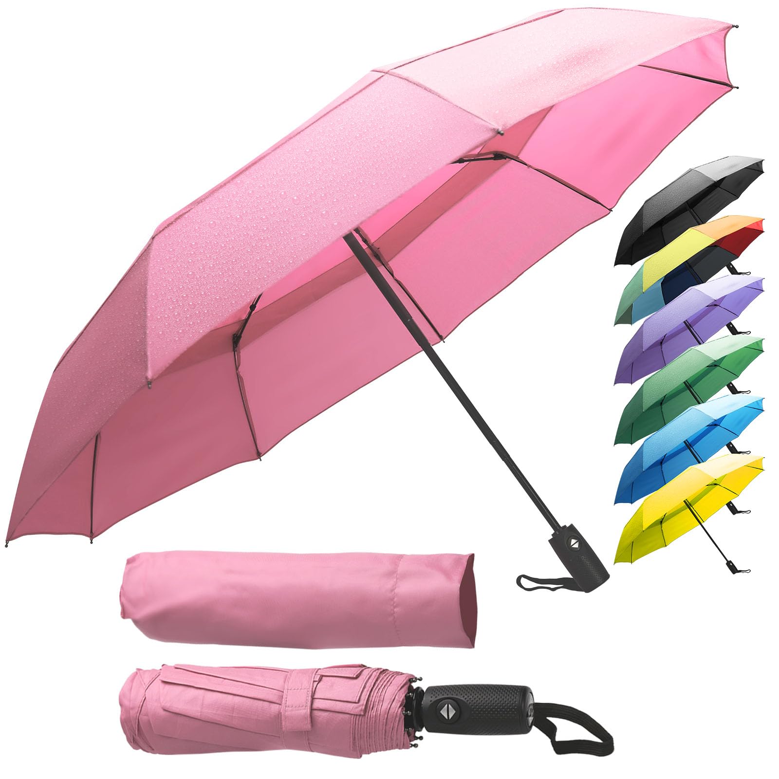 ZENO Travel Umbrella Compact - Small Umbrella for Backpack & Purse, Portable Automatic Umbrellas for Rain, Windproof, Reinforced Fiberglass Ribs, Water-Repellent Teflon, Pink