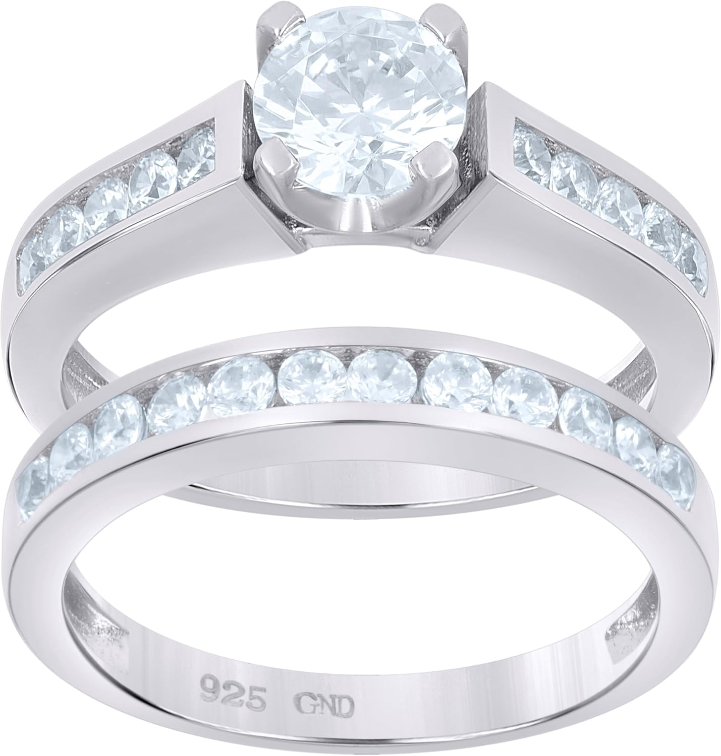 Jewels By Lux Sterling Silver Women's Cubic-Zirconia Duo Bridal Anniversary Wedding Engagement Band Ring Set