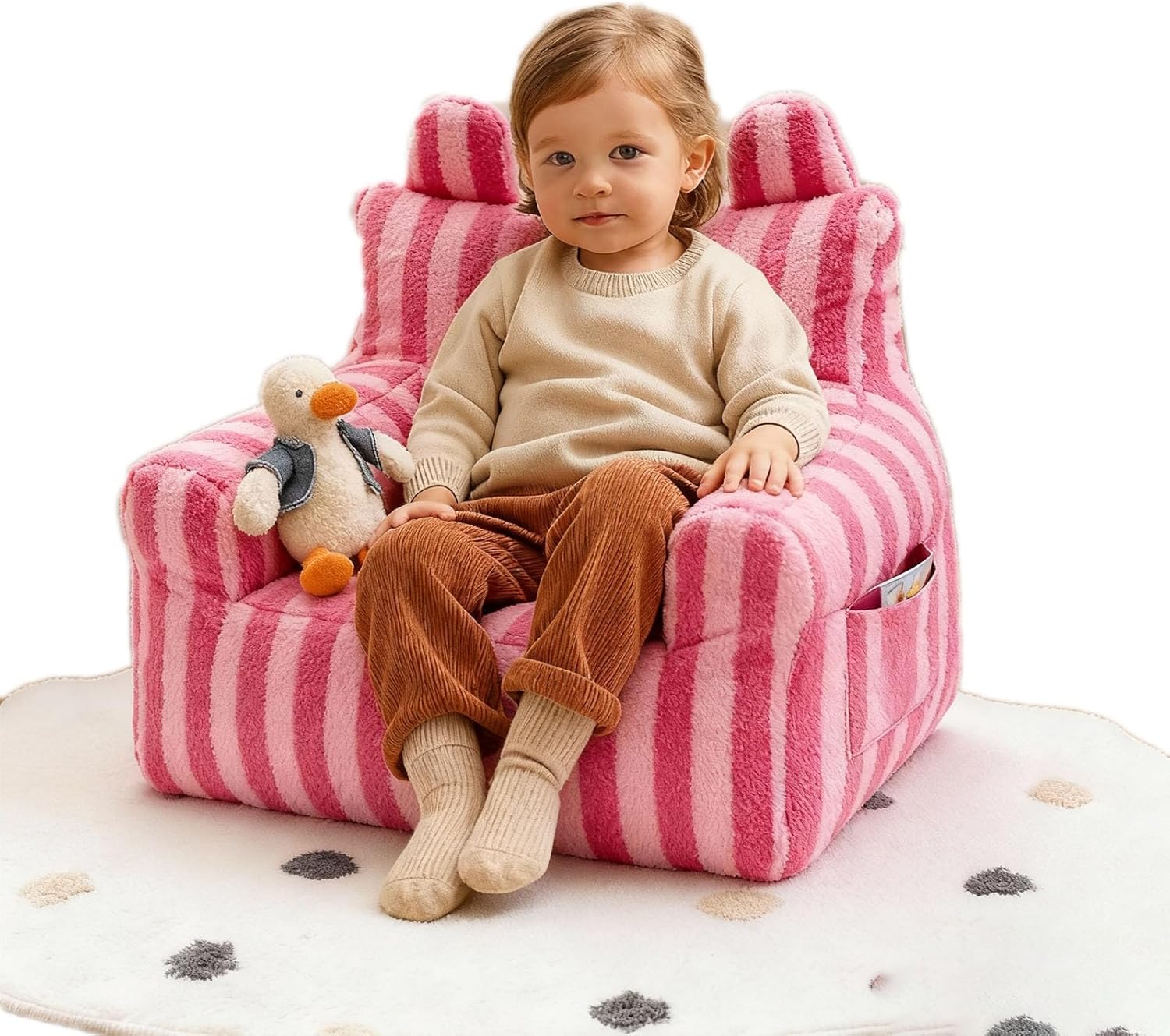 Modern Plush Bean Bag for Kids, Soft Foam Filled Floor Chair, Comfortable Couch for Children's Playroom, Bedroom, and Living Room Decor (Pink Stripes)