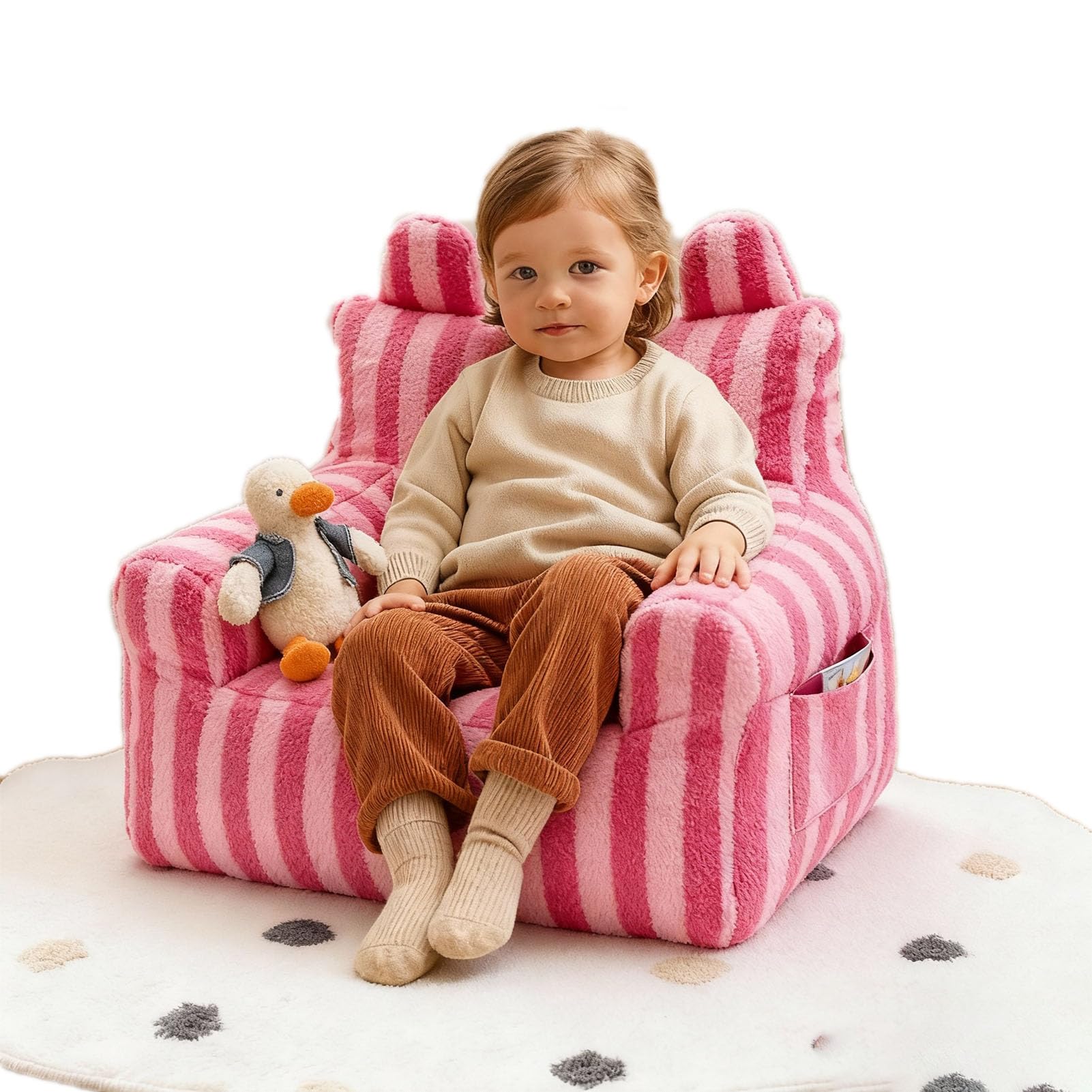 Modern Plush Bean Bag for Kids, Soft Foam Filled Floor Chair, Comfortable Couch for Children's Playroom, Bedroom, and Living Room Decor (Pink Stripes)