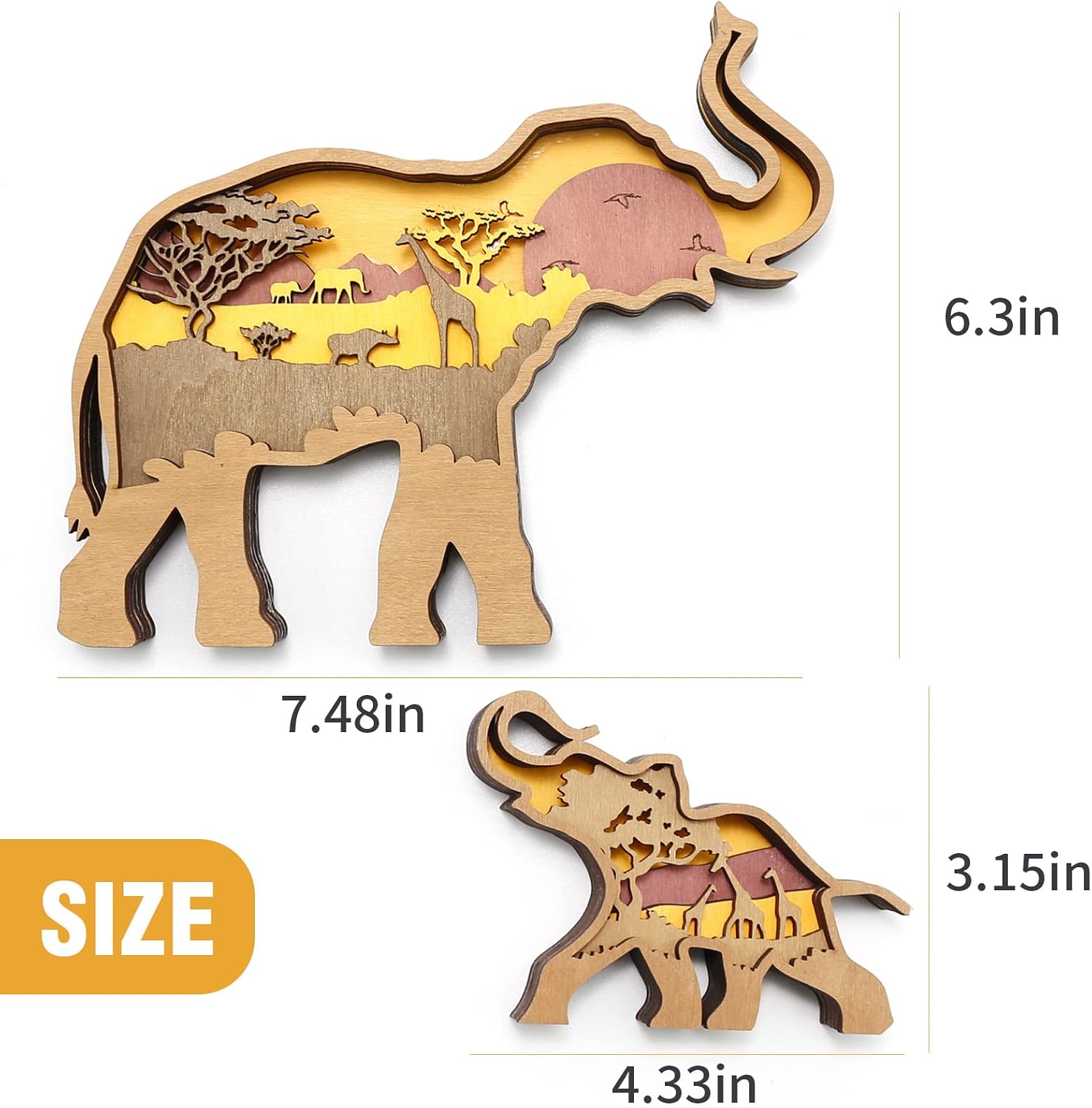 Elephant and Mountains Layered Wooden Carved Ornament, 3D Decor Forest Animal Multi-Layered, for Birthday Gift, Housewarming Gift, Christmas Decor