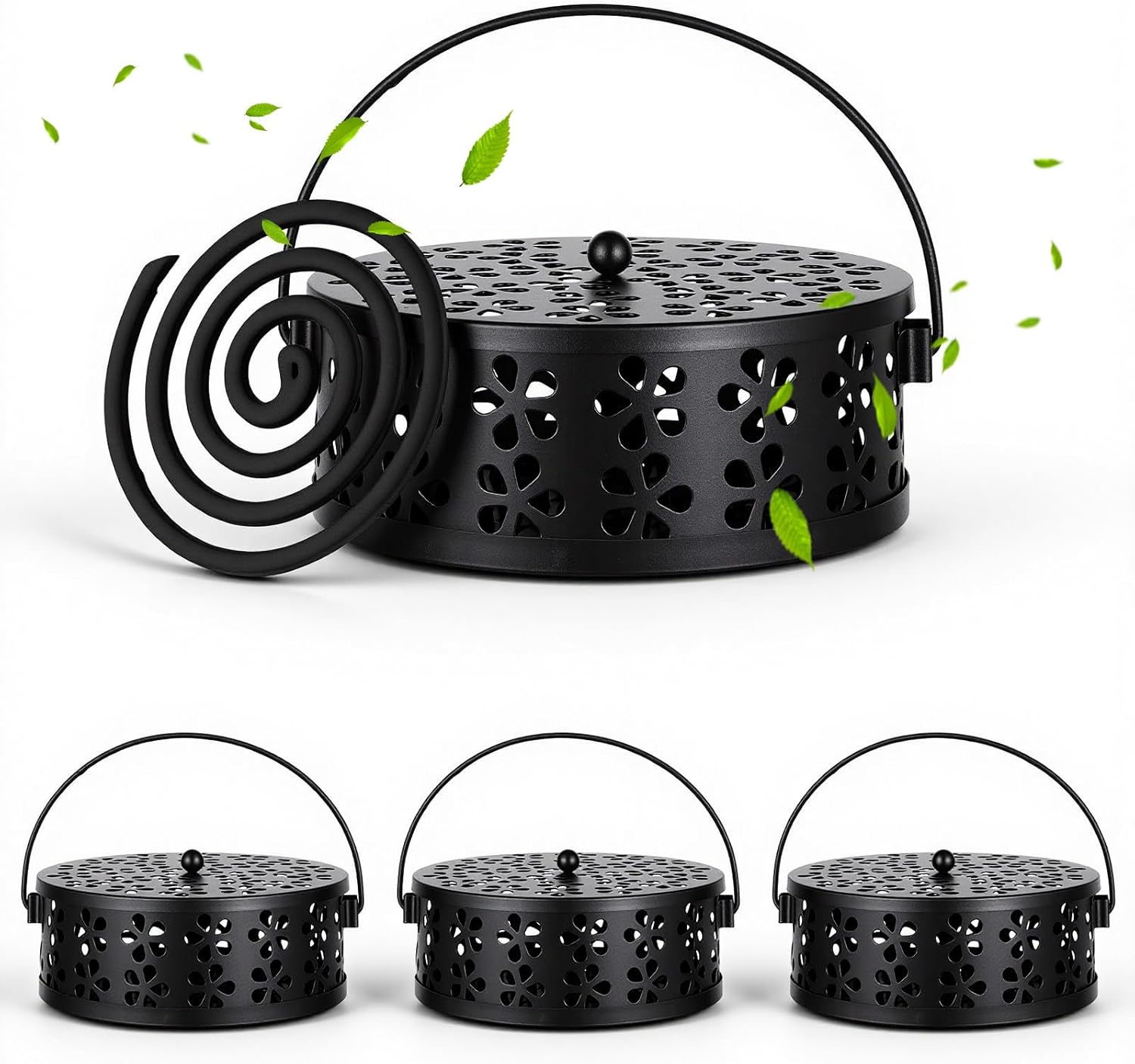 4 Pcs Mosquito Coil Holder Incense Coil Holder, Retro Iron Portable Hanging Outdoor Incense Burner Holder with Handle Round Metal Incense Holder for Home Camping Indoor Outdoor Patio (Black)