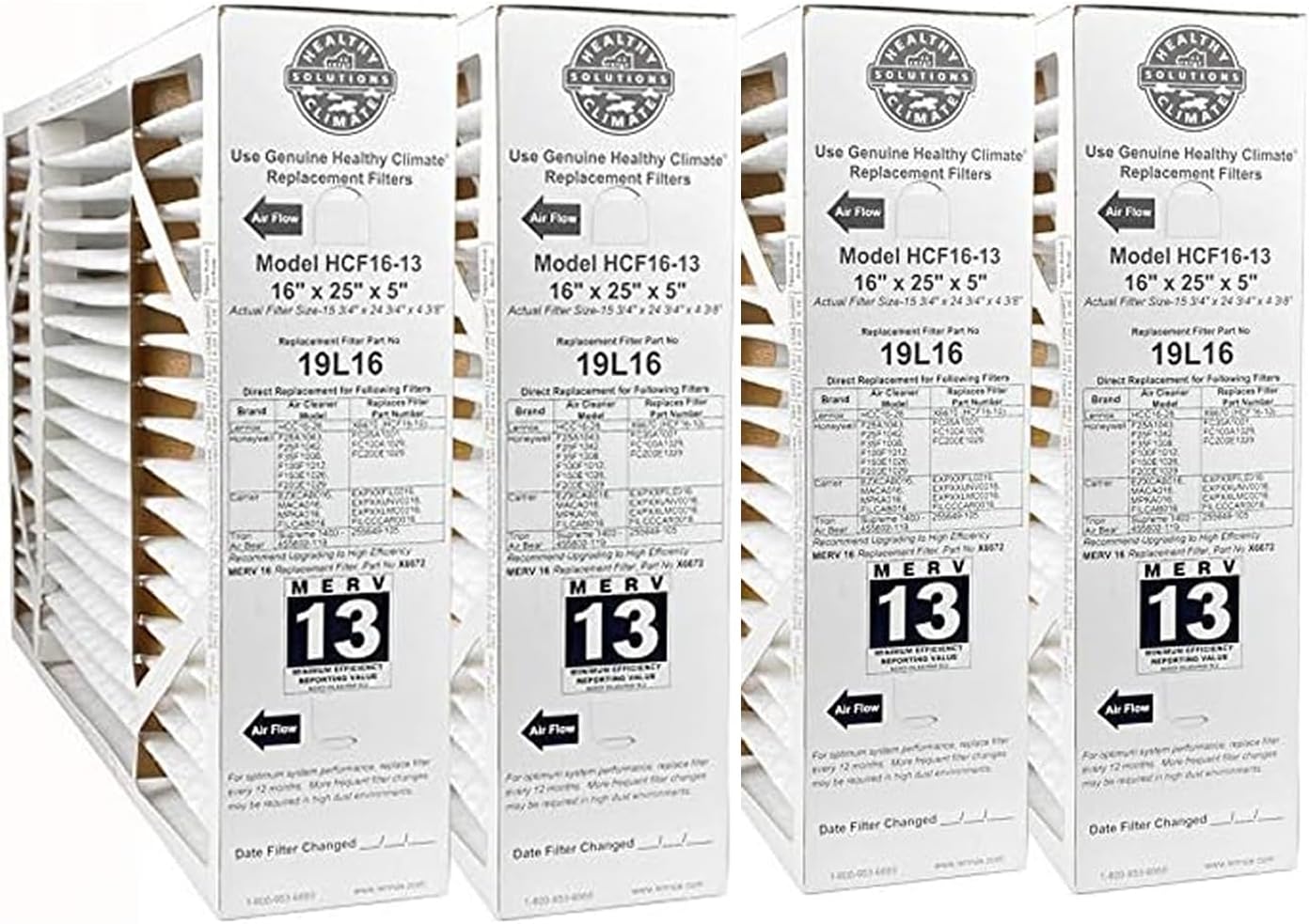 Lennox 19L16-16" x 25" x 5" Healthy Climate HCF16-13 Air filter, MERV 13 (4-Pack of Filters)