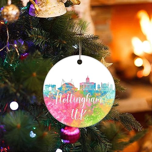 Miniatura 3 de Two-Side Printed United Kingdom-Nottingham Ceramic Christmas Ornament, Novelty for Family Friends Kids, City View Silhouette Christmas Keepsake