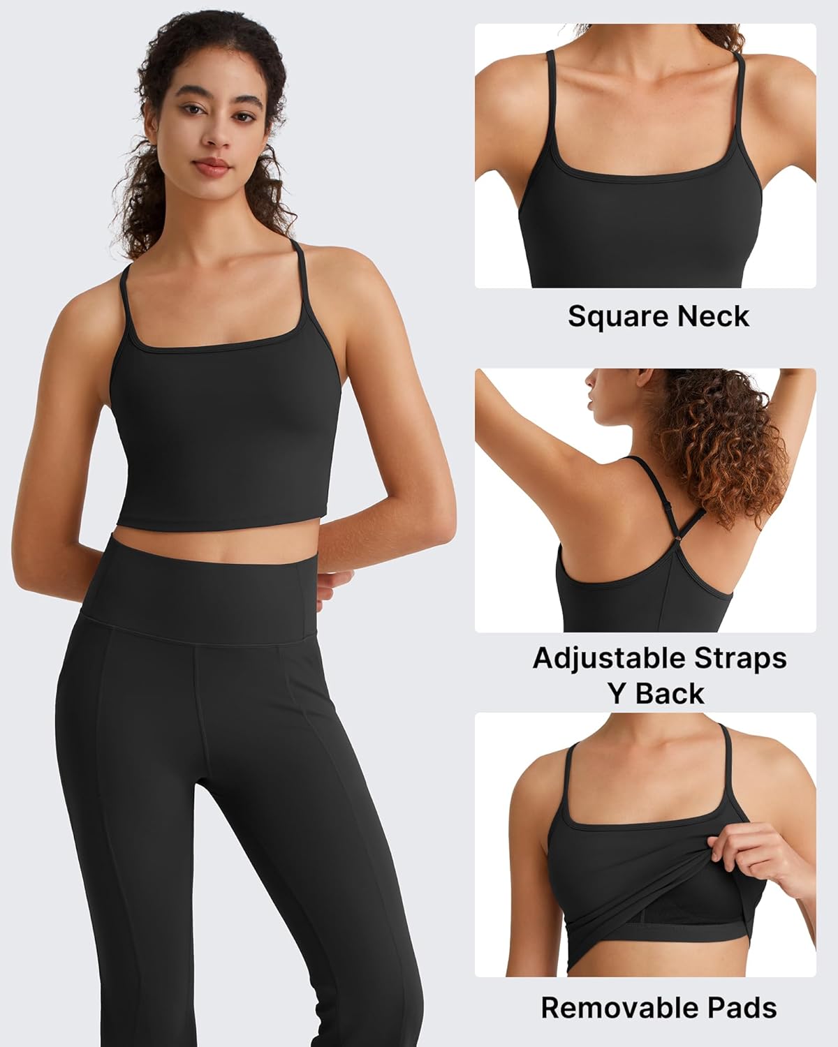 G4Free BareFeel Women's Sports Bra Padded Square Neck Adjustable Spaghetti Straps Y Back Gym Casual Yoga